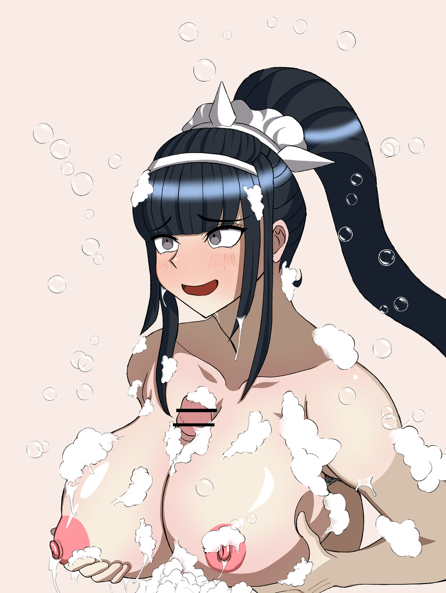 1boy 1girls blush boobjob breasts female huge_breasts kyoshika_magadori large_breasts male naked nude scene_reference shower soap soap_bubbles takumi_sumino the_hundred_line_-last_defense_academy- unseen_male