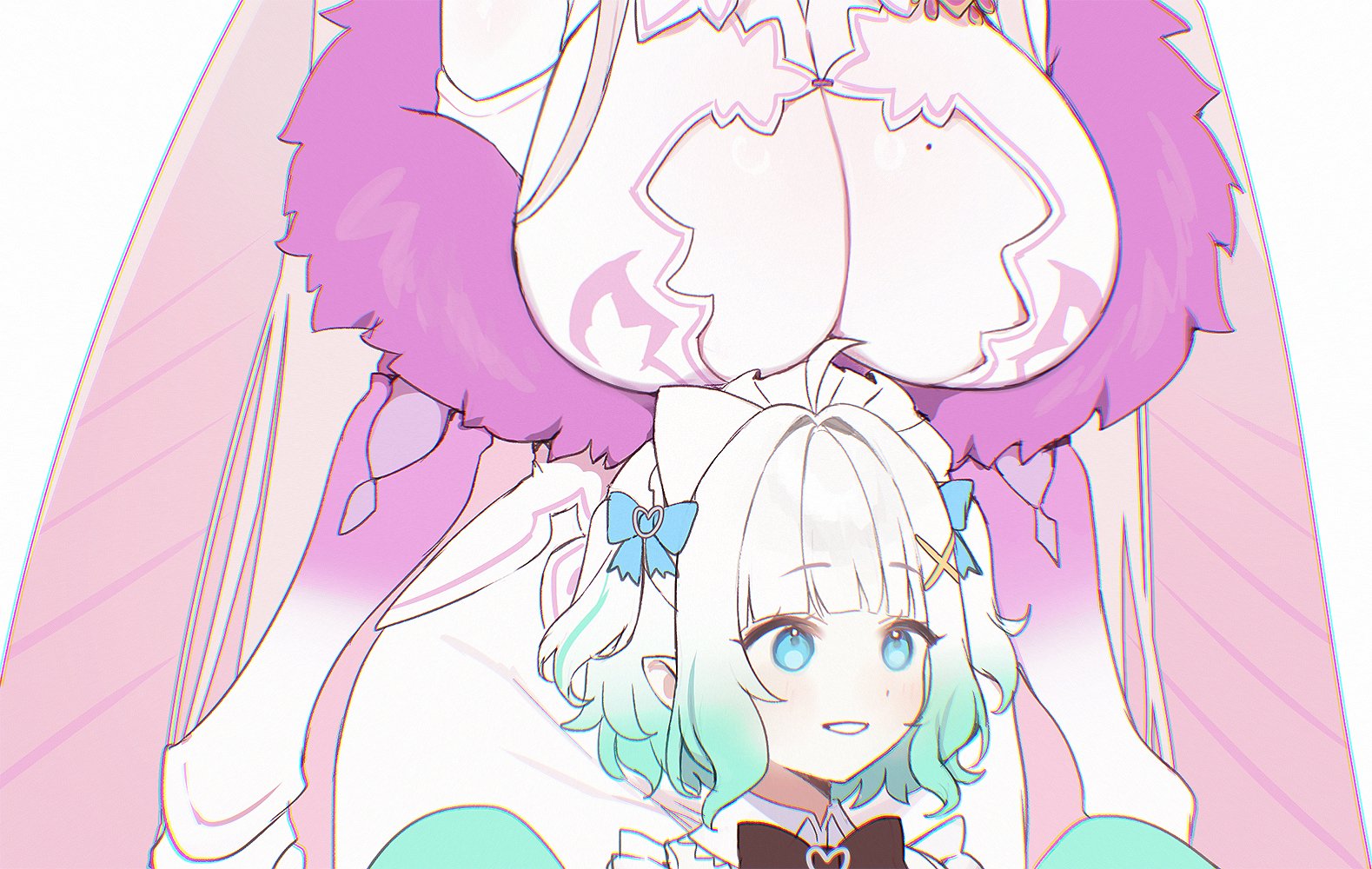 2girls, aqua sleeves, arms at sides, arthropod girl, arthropod limbs, black bow, black bowtie, blue eyes, bow, bowtie, breasts, cleavage, cleavage cutout, clothing cutout, cockroach girl, commentary, densetsu.exe, derivative work, dress, female, frills, fur trim, fur-trimmed dress, ghost girl, gradient hair, green hair, hair ornament, head out of frame, huge breasts, indie virtual youtuber, long hair, maid headdress, maid mint, matara kan, matara kan (1st costume), mint fantome, mint fantome (minto 2.0), mole, mole on breast, monster girl, multicolored hair, multiple females, multiple girls, parted lips, pink hair, pointy ears, screenshot redraw, short hair, simple background, size difference, smile, streaked hair, symbol-only commentary, terupancake, two side up, two-tone hair, very long hair, virtual youtuber, vshojo, white background, white dress, white hair, white headdress, x hair ornament, youtube, youtuber