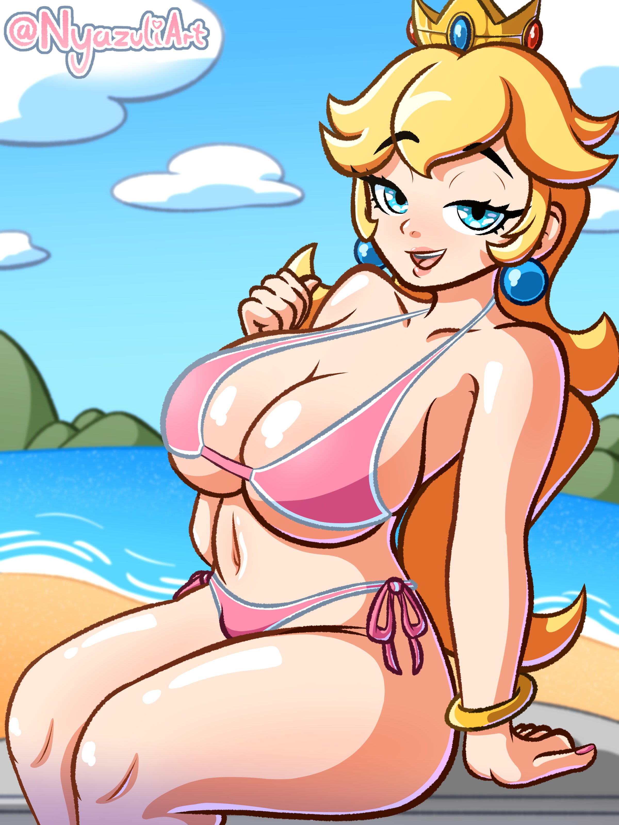 1girls, artist name, big breasts, bikini, blonde hair, blue eyes, bracelet, breasts, busty, cleavage, crown, female, female only, half-closed eyes, large breasts, long hair, looking at viewer, mario (series), navel, nintendo, nyazuliart, open mouth, pink bikini, princess peach, seductive, seductive look, seductive smile, side-tie bikini, solo, solo female, solo focus, swimsuit, thighs, tongue, voluptuous