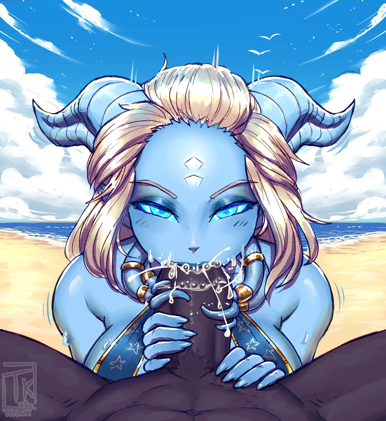 1boy, 1girls, beach, big breasts, big penis, blizzard entertainment, blowjob, blue skin, breasts, cum, cum in mouth, draenei, fellatio, female, handjob, horns, interspecies, male, nude, oral, oral sex, original character, penis, pov, pyrista, swallowing, swallowing cum, tauren, trenuk, voluptuous, voluptuous female, warcraft, white hair, wide hips, world of warcraft