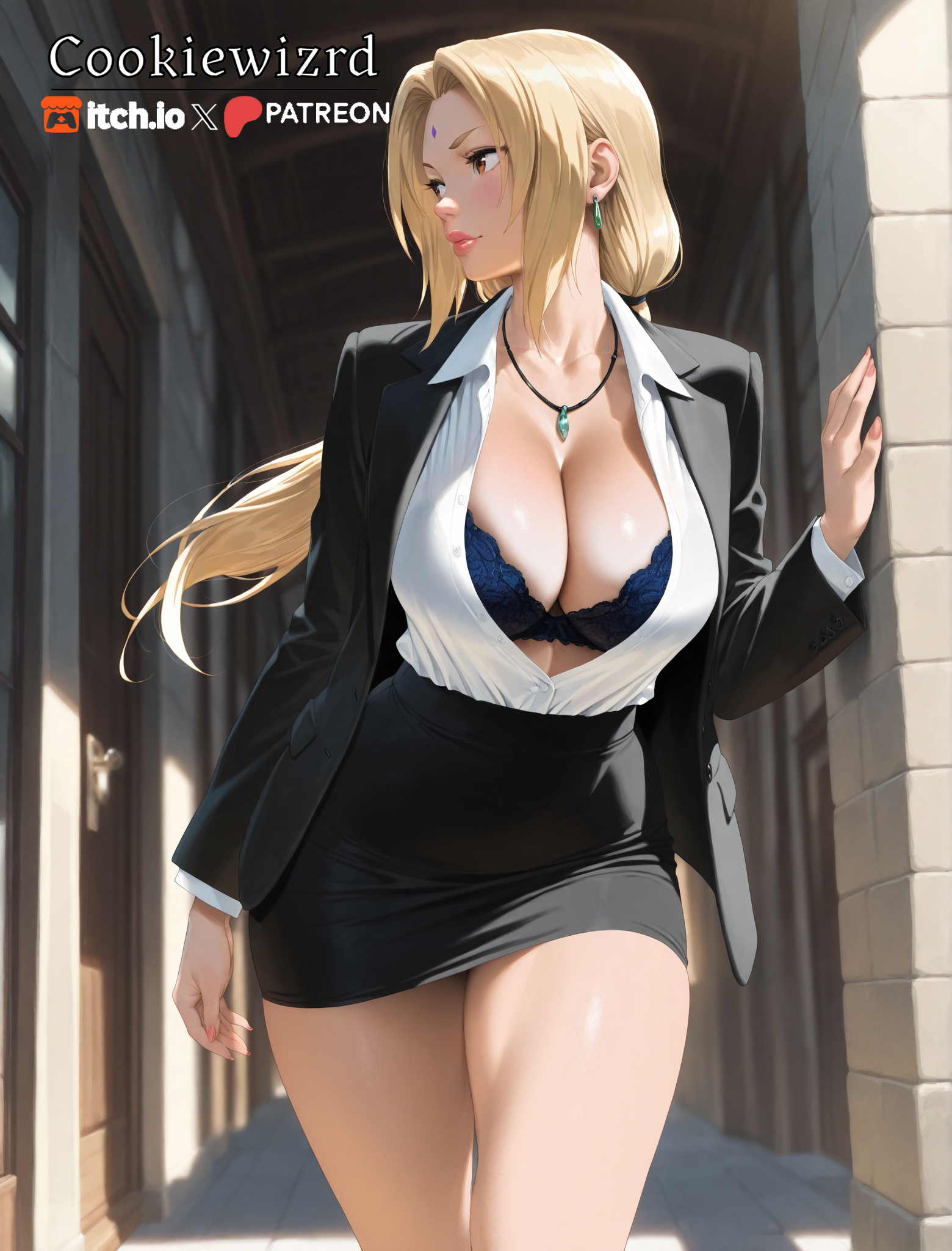 1girls, ai generated, artist name, bangs, black bra, black jacket, black skirt, blazer, blonde hair, blue bra, blush, bra, bra peek, bra visible through clothes, breasts, brown eyes, cleavage, closed mouth, collarbone, collared shirt, cookiewizrd, day, door, dress shirt, earrings, facial mark, female, fingernails, forehead mark, formal, high quality, high resolution, high-waist skirt, highres, indoors, jacket, jewelry, lace trim, lace-trimmed bra, large breasts, lips, long hair, long sleeves, looking away, looking to the side, low twintails, mature female, miniskirt, nail polish, naruto, naruto (series), necklace, office lady, open clothes, open jacket, open shirt, patreon logo, pencil skirt, pink lips, pink nails, red nails, shirt, shirt tucked in, skirt, solo, standing, suit, thighs, tsunade, twintails, underwear, watermark, white shirt, window