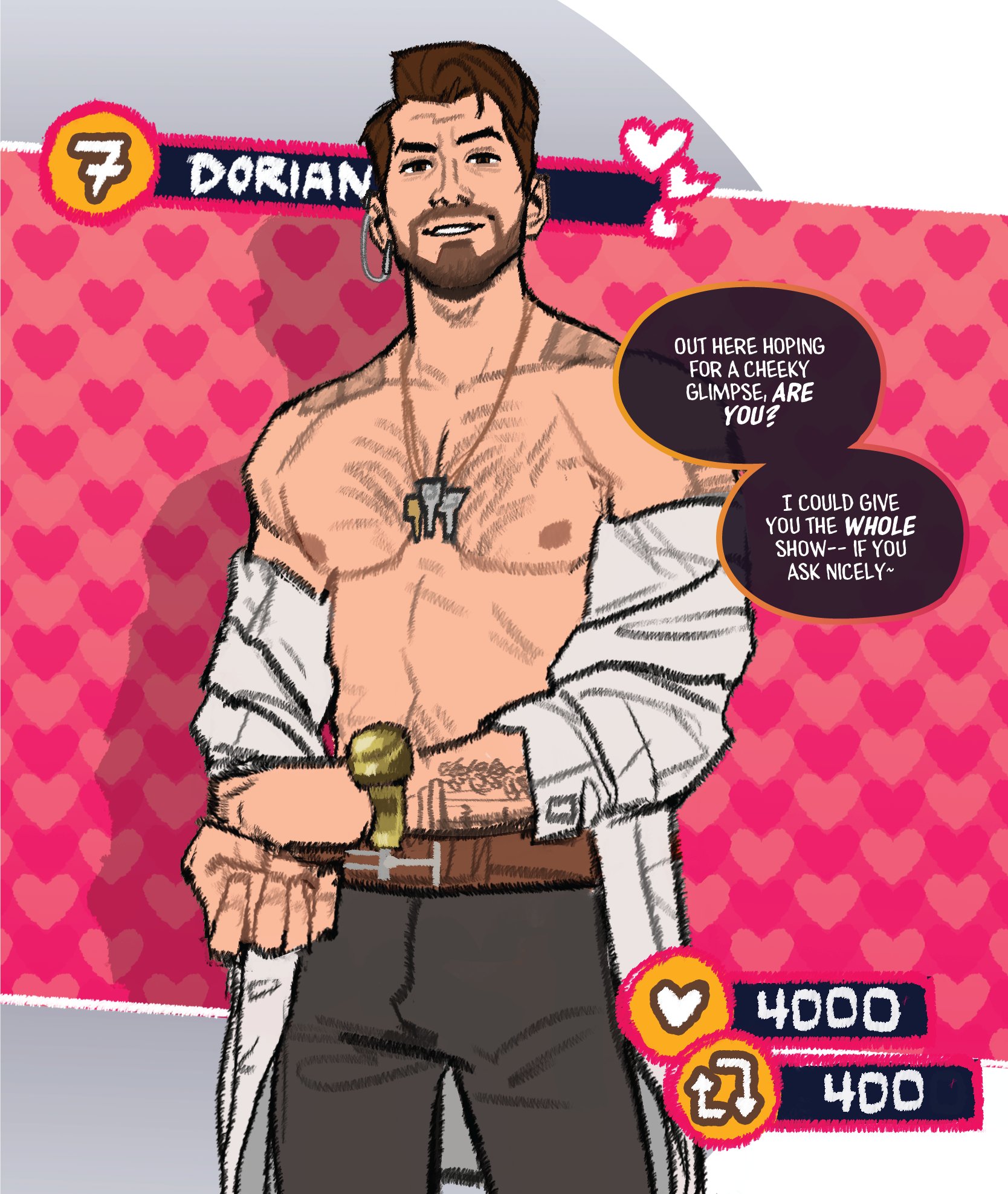 arm tattoo, arm tattoos, beard, belt, belt buckle, black pants, brown eyes, brown hair, brown-eyed male, brown-haired male, date everything, dorian (date everything), gameplay mechanics, hairy, hairy chest, hairy male, happy trail, key necklace, male, male only, microphone wire, rusticfurnace, shirt open, shoulder tattoo, solo, solo male, strip, strip game, strip tease, tattoo, tattoo on arm, tattoo on shoulder, tattooed arm, tattooed shoulder, tattoos, title card, wristwatch