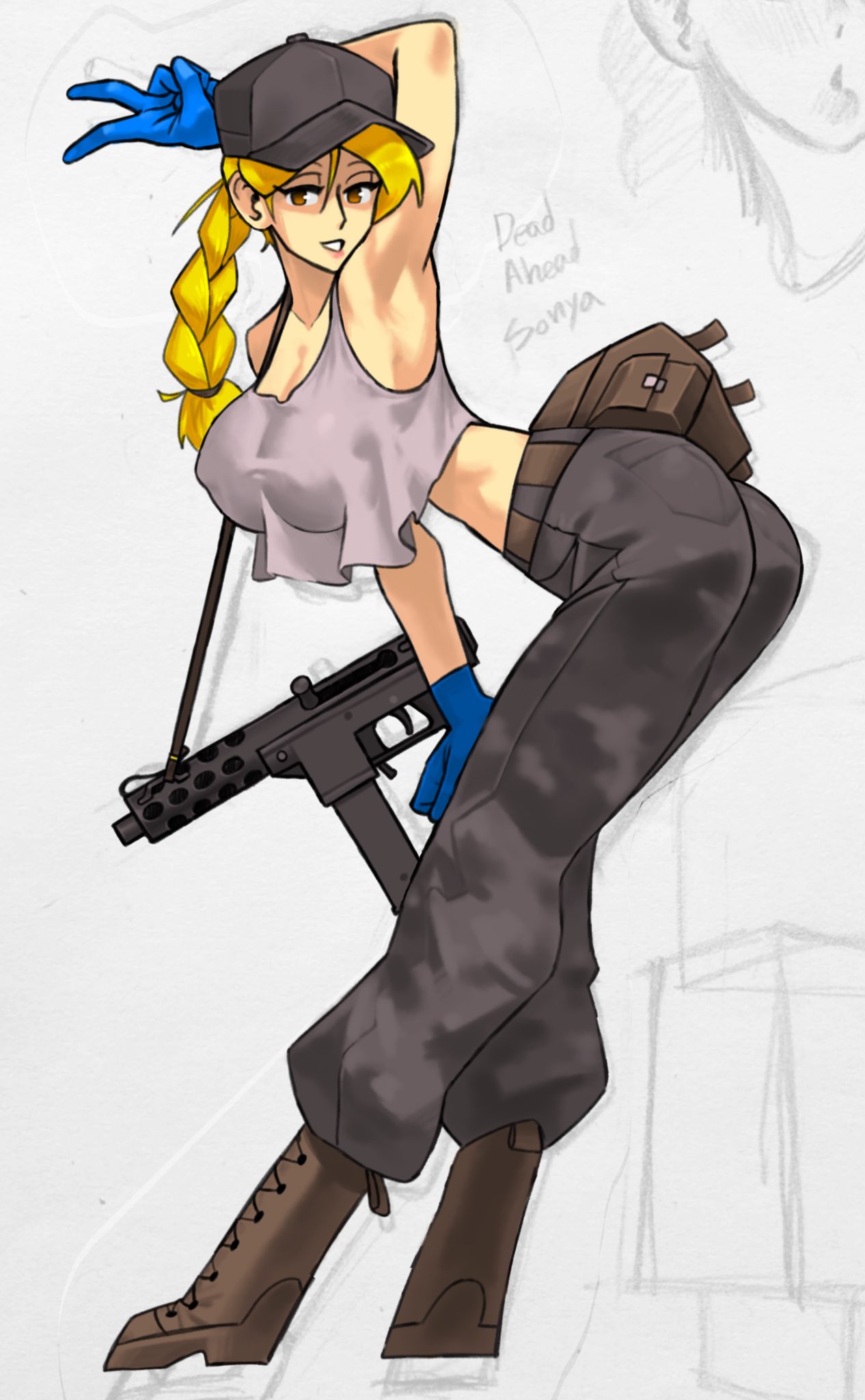 1girls, 2d, 2d (artwork), 2d artwork, ass, ass focus, ass up, background, big areola, big ass, big breasts, big butt, big nipples, blonde female, blonde hair, blonde-haired female, boots, breasts, butt focus, cap, clothed, clothed female, clothes, clothing, curvaceous, curvaceous female, curvaceous figure, curves, curvy, curvy body, curvy female, curvy figure, dead ahead, digital art, digital drawing, digital drawing (artwork), digital media, digital media (artwork), emptyskull302, female, female focus, female only, firearm, footwear, gloves, green eyes, gun, human, large ass, large breasts, large butt, large hair, larger female, light skin, light-skinned female, looking at viewer, military, military boots, military cap, military clothing, military hat, military pants, military uniform, nipples, nipples visible through clothing, pale skin, pants, seducing, seductive, seductive body, seductive eyes, seductive female, seductive look, seductive pose, seductive smile, skinny female, solo, solo female, solo focus, sonya (dead ahead), standing, submachine gun, tactical gear, weapon, white background