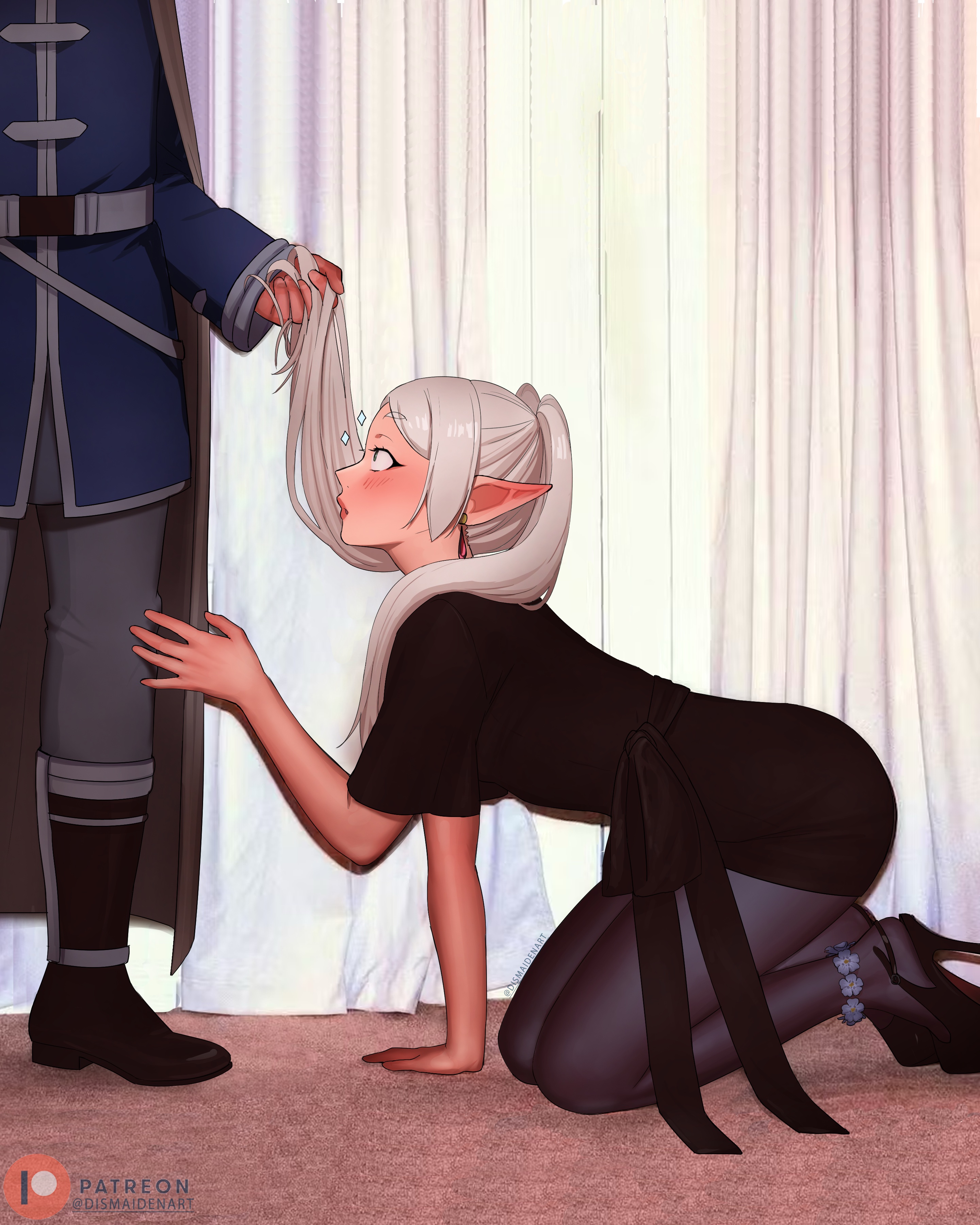 1boy, 1girls, 4:5, artist name, ass, black dress, dismaiden, elf, elf ears, elf female, faceless male, female, female focus, frieren, fully clothed, grabbing hair, hair grab, high heels, himmel (sousou no frieren), light skin, light-skinned female, long hair, male, man's best friend (sabrina carpenter), on knees, parody, pointy ears, reference, short dress, sousou no frieren, tights, white hair