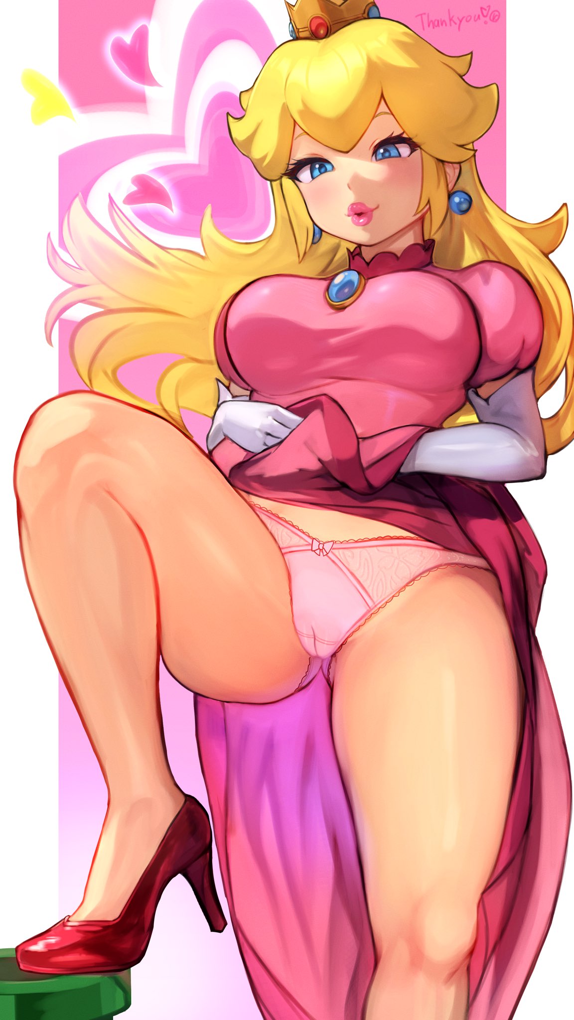 1girls, ass visible through thighs, blonde hair, blue eyes, blush, bow, bow panties, breasts, clothes, clothes lift, crown, dress, dress lift, dress lifted by self, earrings, elbow gloves, female, gloves, large breasts, lipstick, long gloves, mario (series), nintendo, panties, pink dress, pink footwear, princess peach, r123, solo, solo female, solo focus, thighs, underwear, white elbow gloves, white female, white gloves, white long gloves