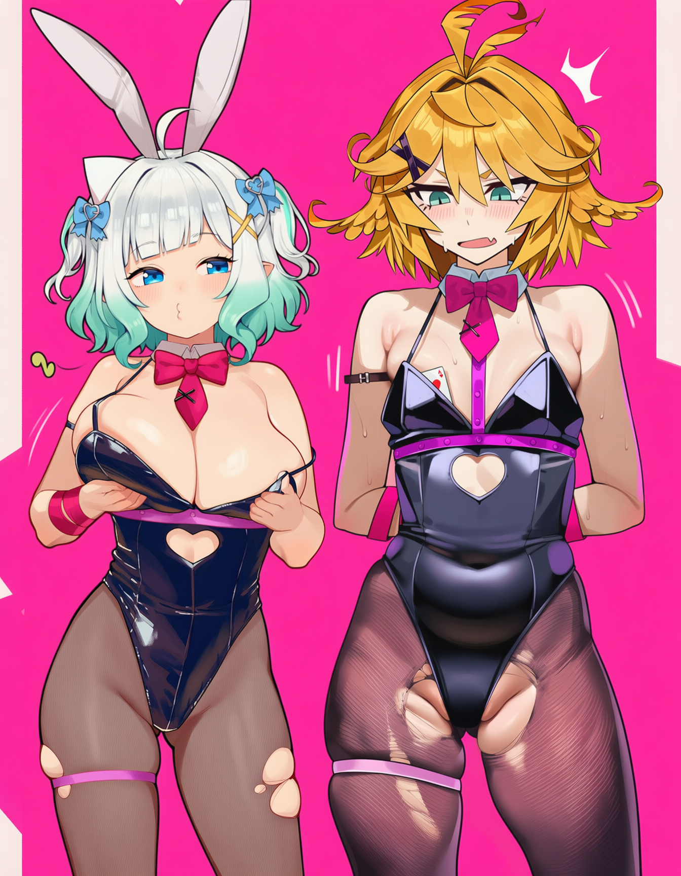 2girls, ai generated, alternate breast size, arms behind back, blonde hair, blue eyes, blush, breast envy, breasts, dokibird, female, grabbing own breast, green eyes, green hair, huge breasts, indie virtual youtuber, leotard, mint fantome, small breasts, thighs, torn pantyhose, virtual youtuber, vtuber, vtubers, white hair, wide hips