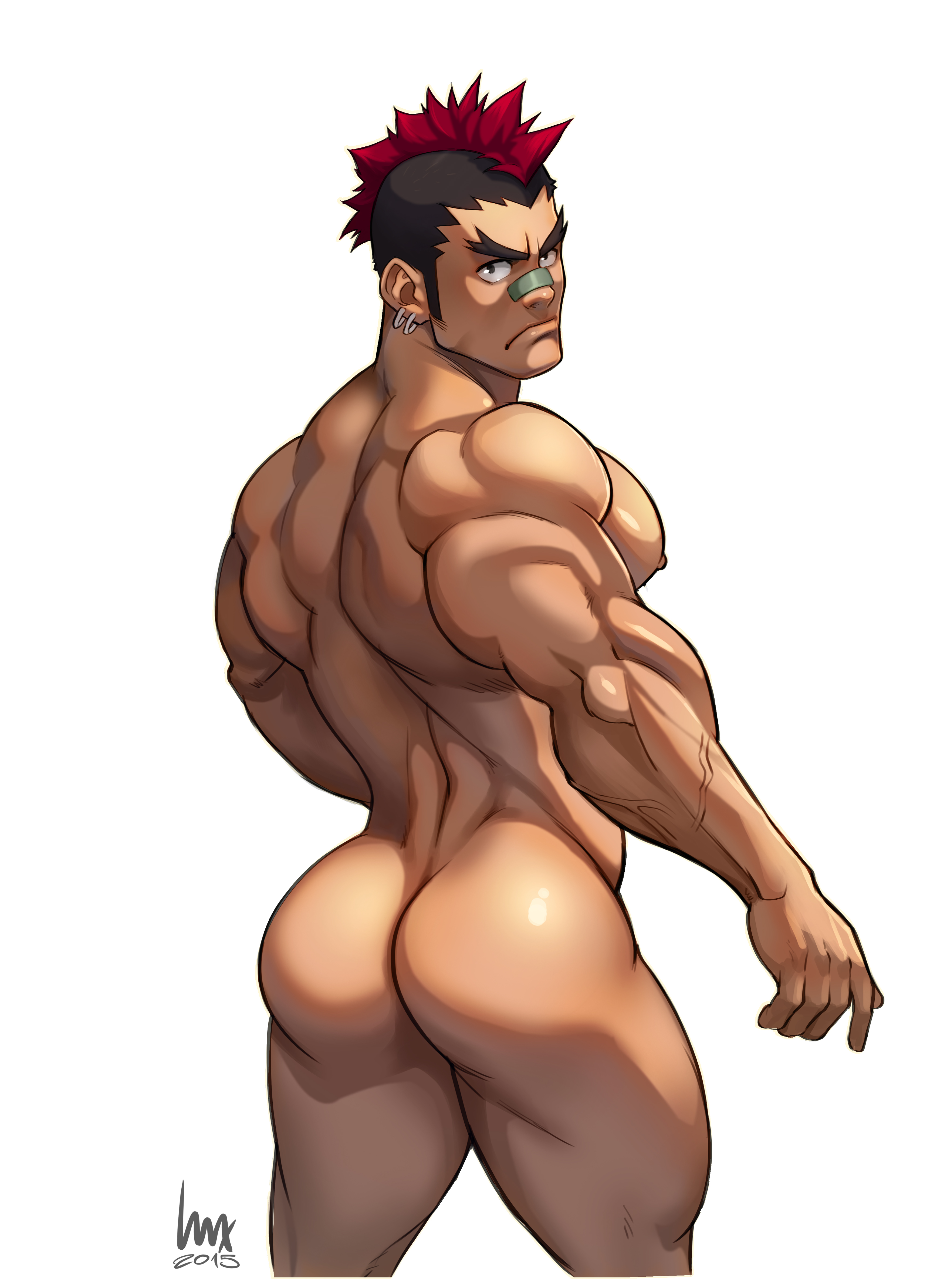 1boy, 2015, ass, back, back muscles, back view, bandage, bandage on face, bandage on nose, bara, biceps, big ass, big butt, black eyes, bubble ass, bubble butt, color, ear piercing, earrings, hawk, human, human only, kill la kill, kinagase tsumugu, looking at viewer, looking back, luxuris, male, male chest, male focus, male only, multicolored hair, muscles, muscular, muscular legs, muscular male, nipples, nude, nude male, pecs, pectorals, piercing, red hair, red hawk, serious, serious look, shiny ass, sidepec, solo, solo focus, solo male, standing, thick, thick ass, thick eyebrows, thick legs, thick thighs, veiny muscles, white background, yaoi