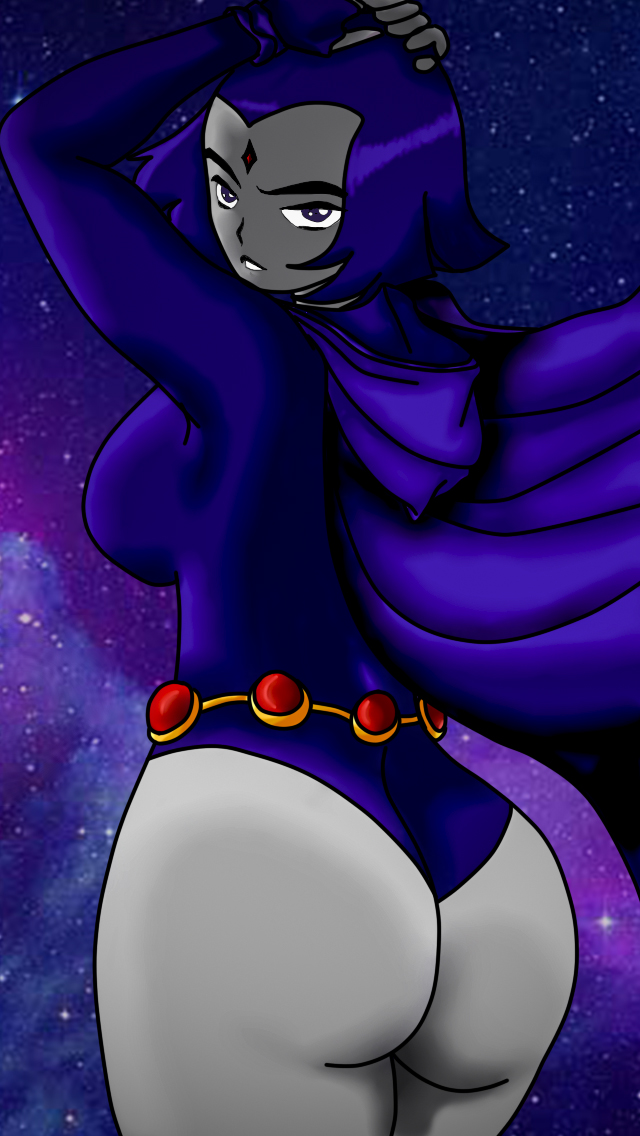 1girls, ass, ass focus, back, big ass, big breasts, breasts, cloak, dc, dc comics, female, female only, grey skin, hornedwolf, huge ass, looking at viewer, looking back, purple eyes, purple hair, rachel roth, raven (dc), rear view, smooth skin, solo, teen titans, thick thighs