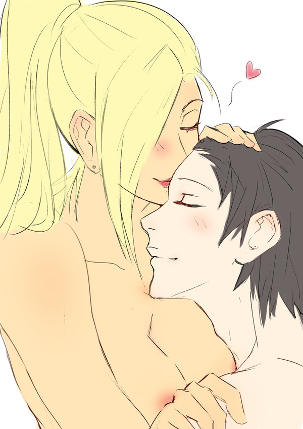 1boy, 1girls, areolae, black hair, blonde female, blonde hair, blush, boruto: naruto next generations, breasts, canon couple, closed eyes, couple, ear piercing, earrings, female, hair over one eye, hand on head, husband and wife, ino yamanaka, kiss, kissing, light skin, light-skinned female, light-skinned male, lips, lipstick, male, male blushing, male/female, monday mint, naked, naruto, naruto (series), naruto shippuden, nipples, nude, nude female, nude male, pale skin, pale-skinned male, pink lips, pink lipstick, pink nipples, ponytail, romantic, romantic ambiance, romantic couple, sai, shounen jump, smile, smiling, straight, tied hair, topless, topless female, white background, wholesome, yellow hair