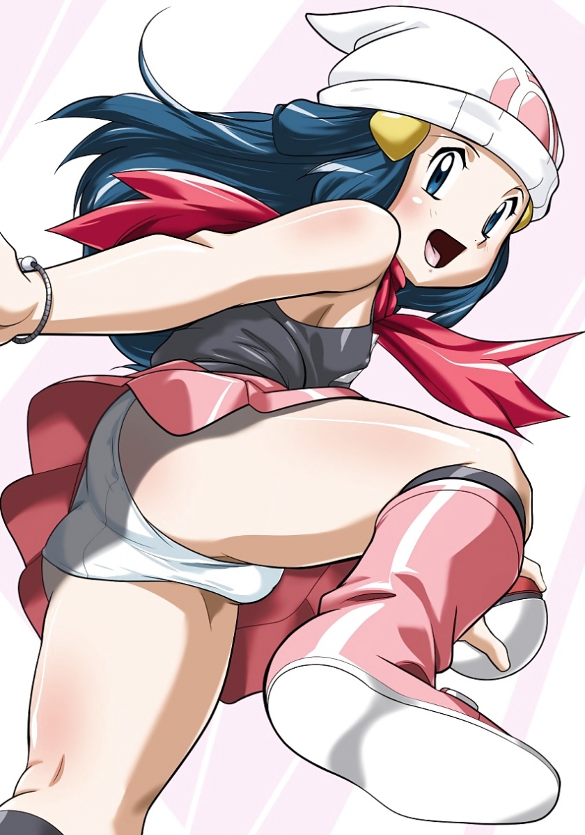 blue hair, boots, dawn (pokemon), female, panties, pantyshot, pokemon, upskirt, white panties