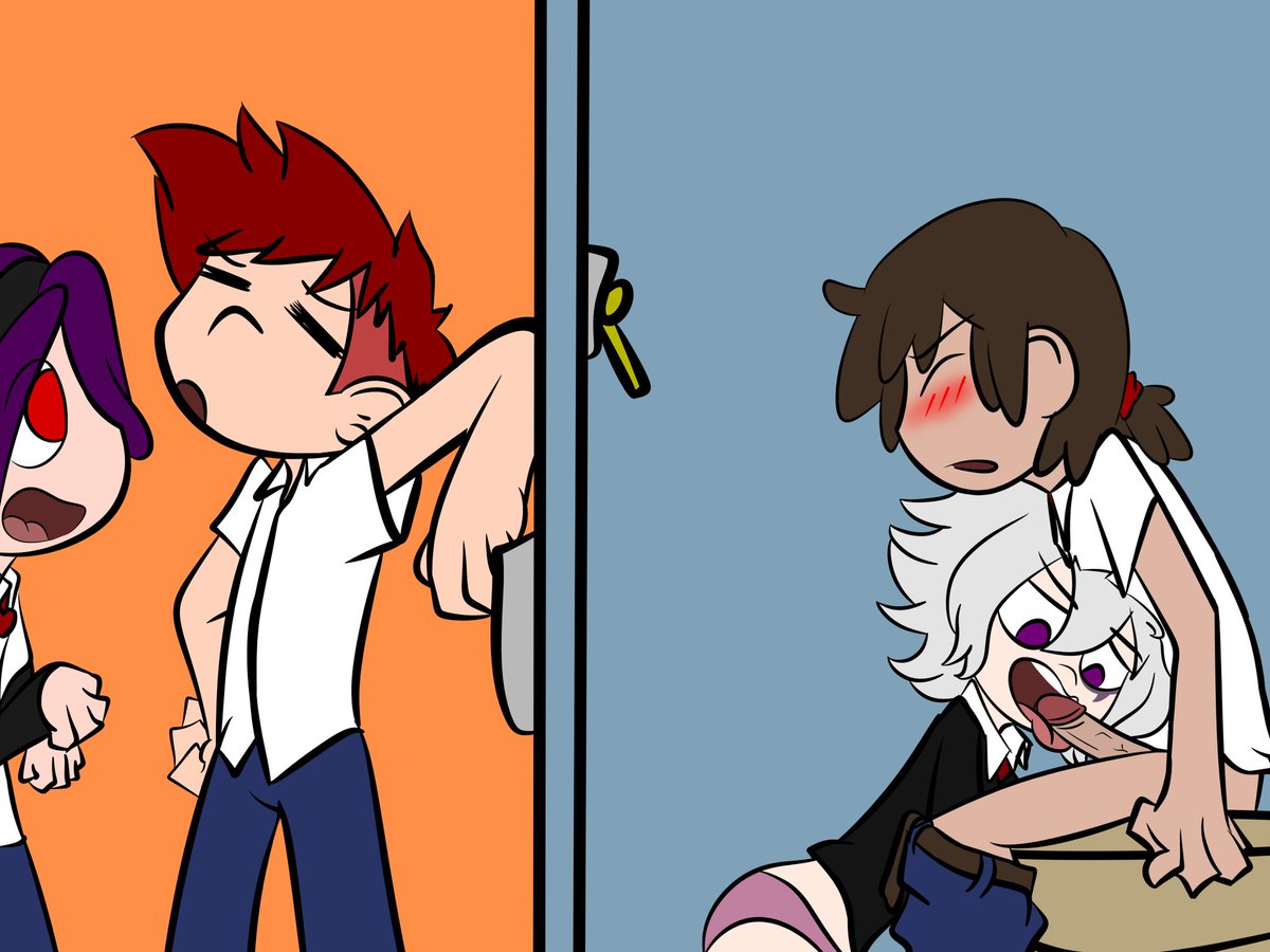 1girls 3boys bathroom bonnie_(fnafhs) brown_hair fellatio fhs fhsz3r0 fnafhs fnafhs_z3ro foxy_(fnafhs) freddy_(fnafhs) oral puppet_(fnafhs) purple_hair red_hair white_hair