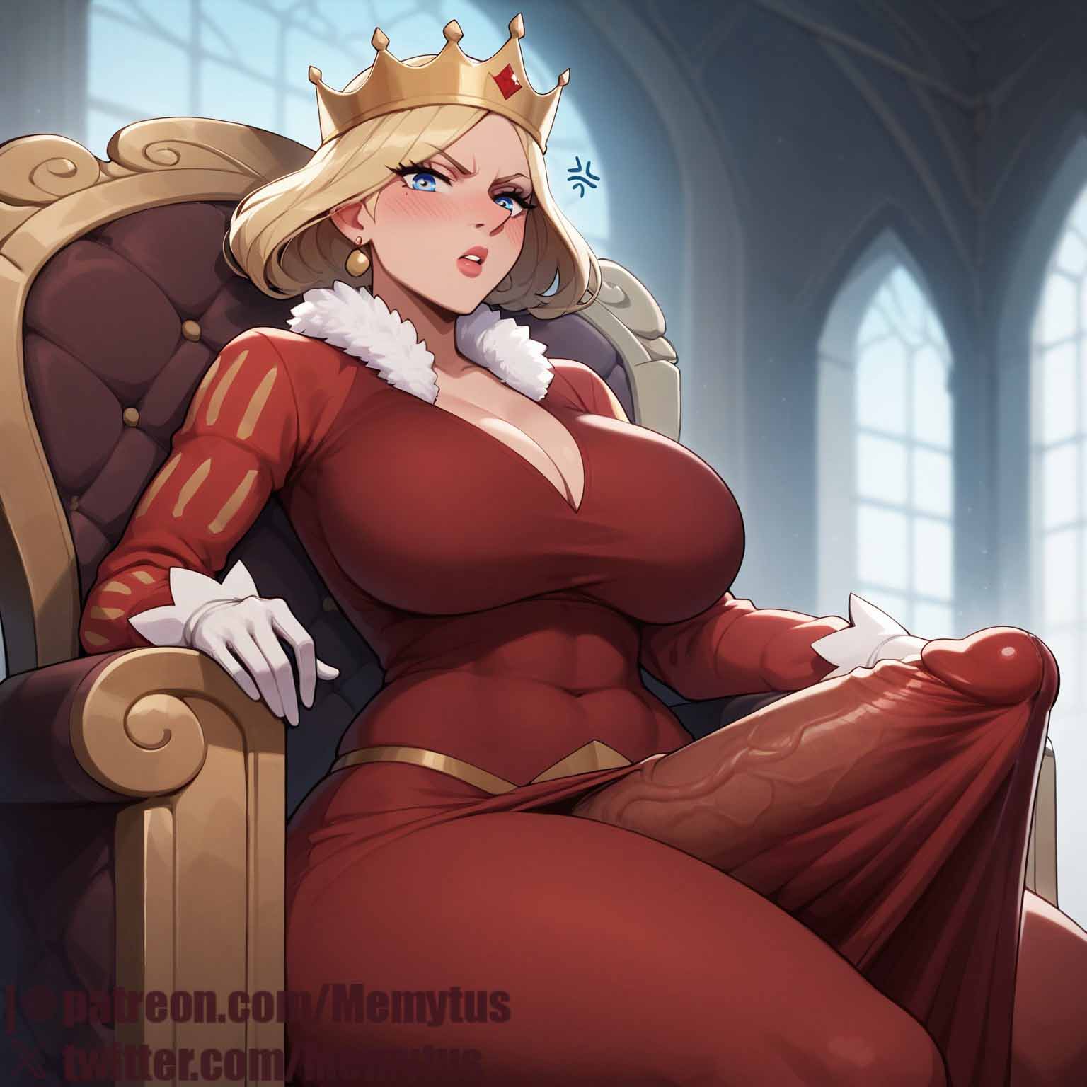 ai_generated blonde_hair blue_eyes bulge_through_clothing crown futanari huge_breasts huge_cock memytus milf queen_hilling