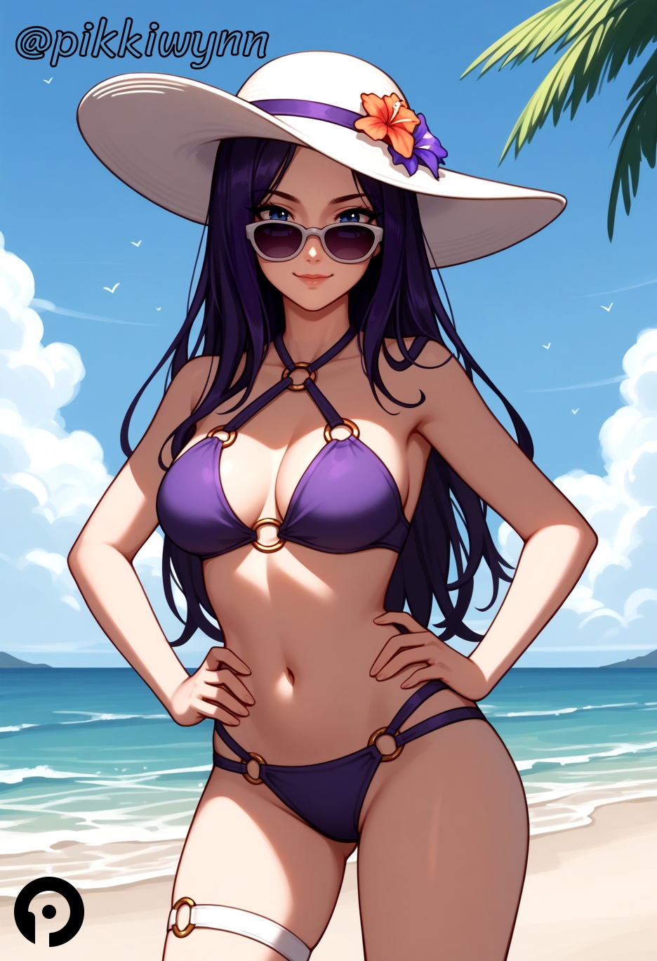 ai_generated ass_visible_through_thighs bare_shoulders beach bikini blue_eyes blue_sky breasts caitlyn_kiramman cleavage cloud collarbone cowboy_shot day female flower hands_on_hips hat hat_flower large_breasts league_of_legends lips long_hair looking_at_viewer medium_breasts navel o-ring o-ring_bikini o-ring_bottom ocean outdoors parted_bangs pikkiwynn pool_party_caitlyn pool_party_series purple_bikini purple_hair sky smile solo standing sun_hat sunglasses swimsuit thigh_strap thighs tinted_eyewear white_headwear