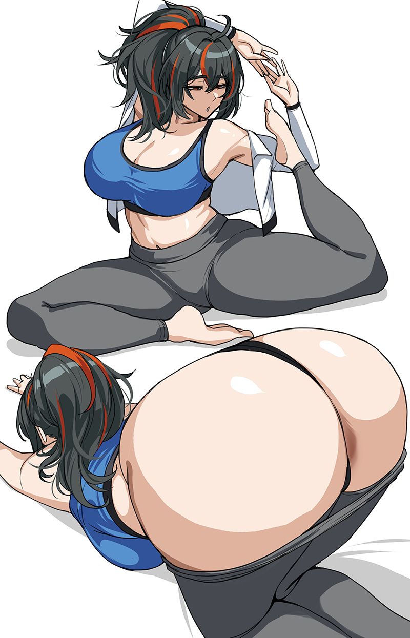 1girls ahoge all_fours arms_up ass black_hair black_thong blue_sports_bra bra breasts cleavage collarbone drogod_(artist) exercise from_behind hi_res inset navel open_clothes pants_down parted_lips police policewoman ponytail red_eyes red_hair simple_background solo solo_female sports_bra stomach streaked_hair stretching thong two_tone_hair underwear white_background white_shirt yoga_pants zenless_zone_zero zhu_yuan