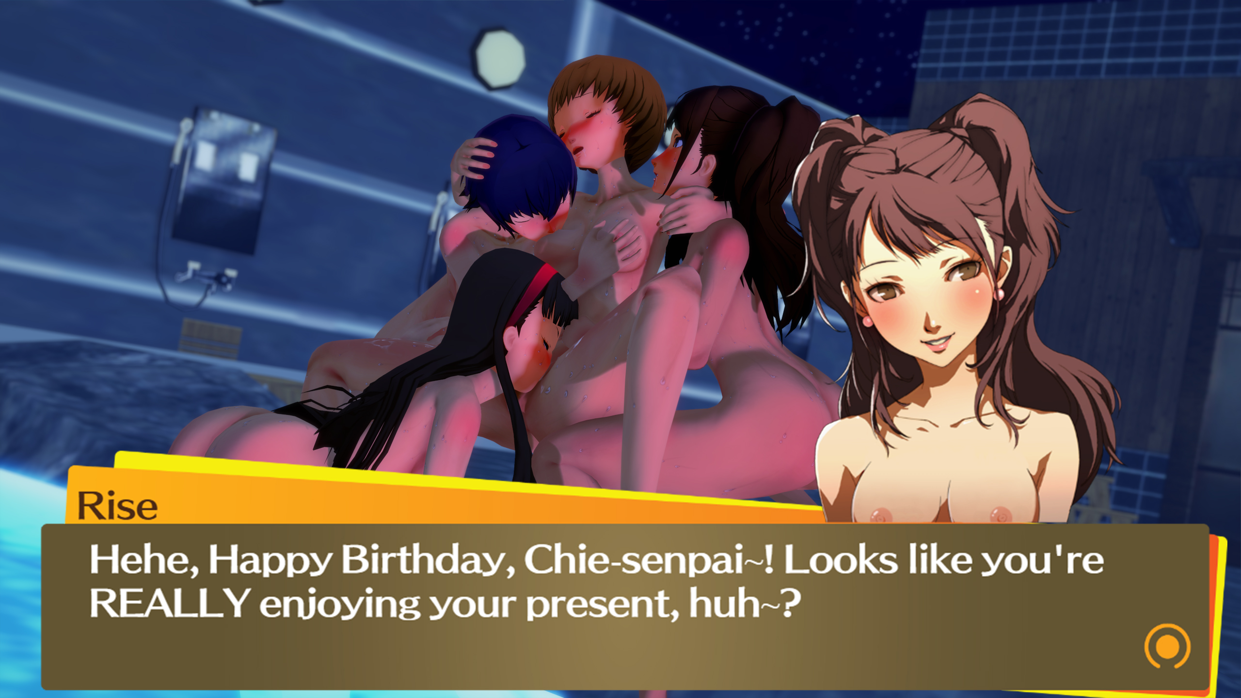 4girls, amagi yukiko, breasts, cunnilingus, female, female focus, female only, gangbang, group, hot spring, human, kujikawa rise, lesbian gangbang, oral, oral sex, orgy, pale skin, persona, persona 4, pussy, ramona3d, satonaka chie, shirogane naoto, small breasts, text, text box, vaginal, water, yuri