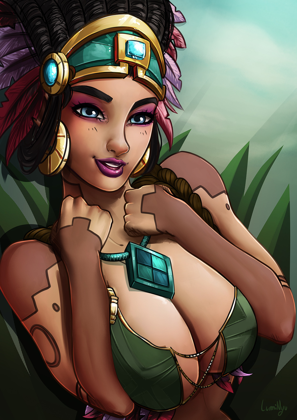 1girls, 2018, amulet, arms over chest, awilix (smite), big breasts, black hair, blue eyes, breasts, cleavage, clothed, eyes, female, female only, goddess, hair, hair ornament, headdress, large breasts, lipstick, long hair, looking at viewer, luminyu, makeup, native american, necklace, pinup, purple lipstick, smile, smite, solo, tattoos