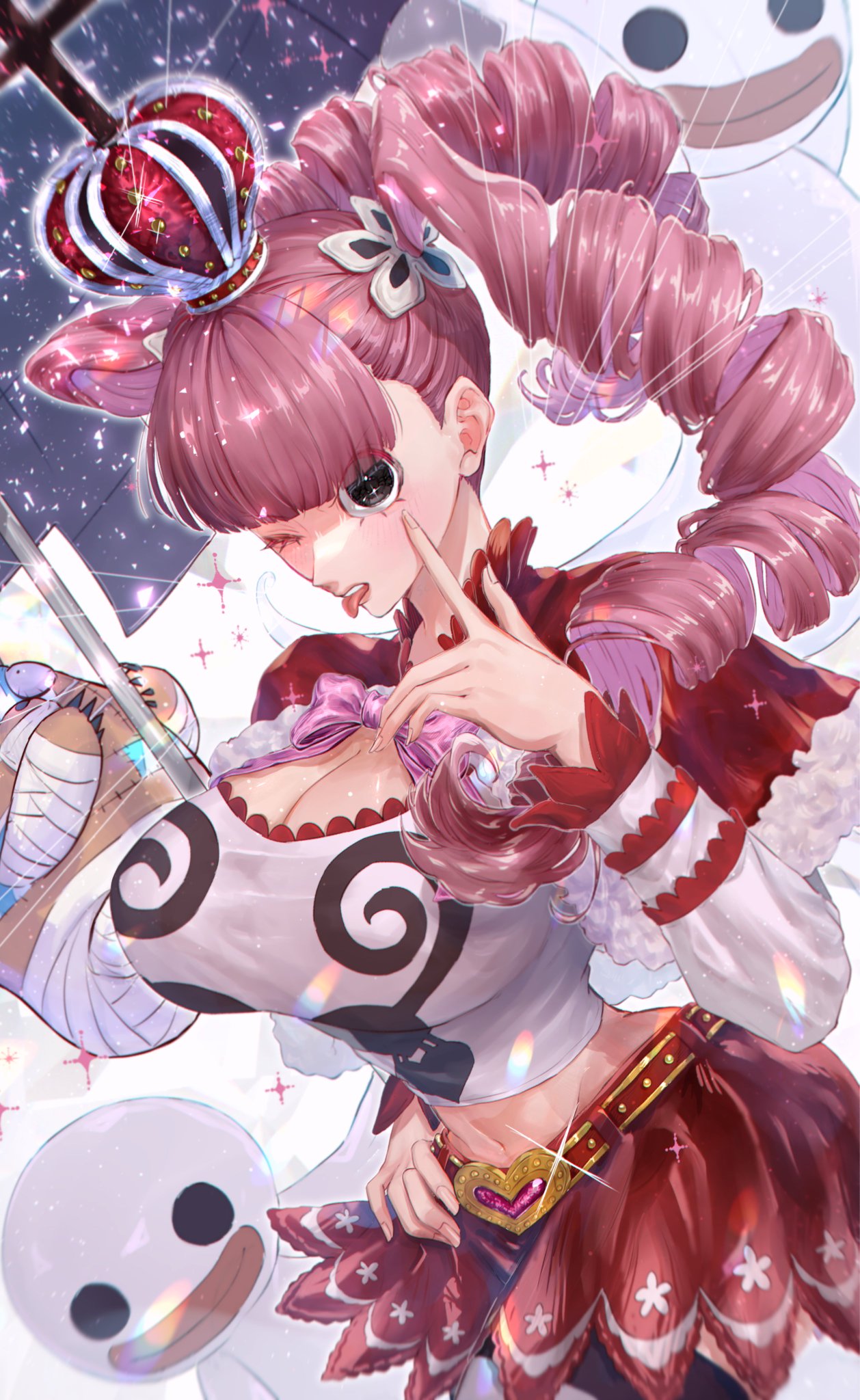 1girls, big breasts, black eyes, blush, breasts, clothed, clothing, color, crown, female, female focus, female only, hi res, large breasts, light skin, light-skinned female, long hair, looking at viewer, one piece, perona, pink hair, pink-haired female, sc scandium, shounen jump, solo, solo female, tagme, thick thighs