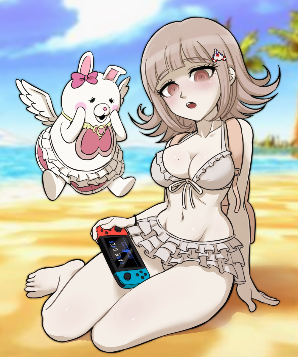 2girls beach bikini blush blush_stickers bow brown_eyes centinel303 danganronpa danganronpa_2:_goodbye_despair female female_only game_over hairclip holding_object kneeling mole mole_on_breast monomi_(danganronpa) nanami_chiaki nintendo nintendo_switch pink_hair robot robot_girl seaside short_hair white_bikini wings