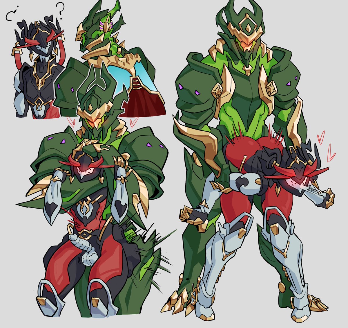 2boys, anal sex, arm grab, bent over, blush, chroma (warframe), chroma prime (warframe), erection, from behind position, kulodrones, male, male/male, nezha (warframe), nezha prime (warframe), prison guard position, question mark, rear naked choke, warframe, warframe (species)