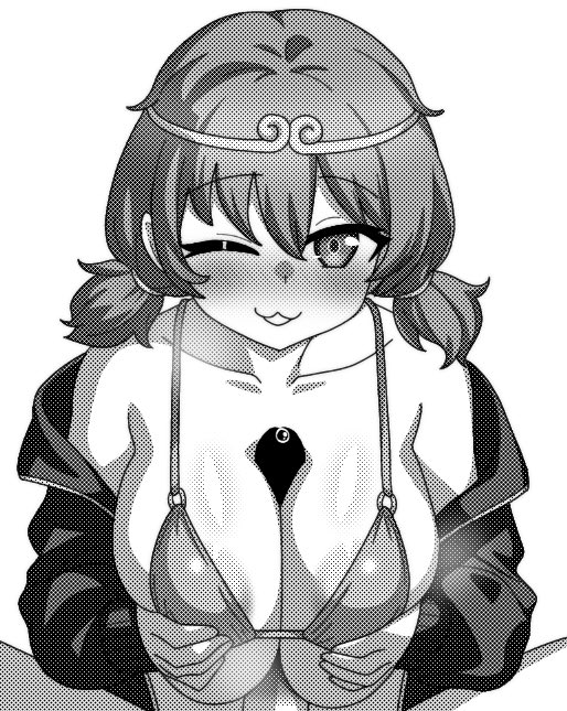 1boy ;3 areola_slip blush breasts circlet collarbone commentary_request female greyscale large_breasts low_twintails monochrome one_eye_closed onkn_sxkn paizuri penis pov precum simple_background solo_focus son_biten touhou twintails upper_body