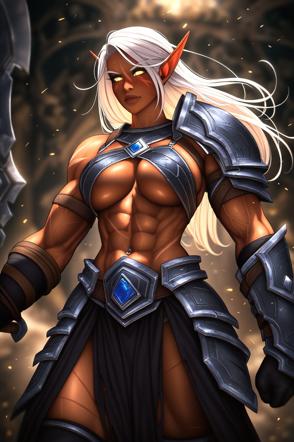 abs ai_generated aralyva armor cleavage elf female female_only muscular_female pelvic_curtain revealing_clothes scar scars sweat underboob veins warcraft white_hair world_of_warcraft yellow_eyes