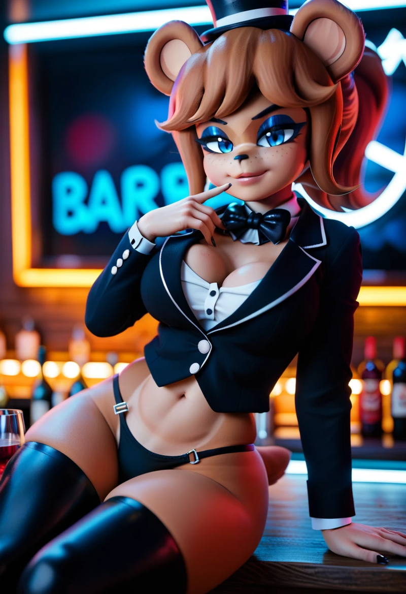 1girls 3d ai_generated bear_ears bear_girl bear_tail black_blazer black_bowtie black_leggings black_panties blazer blue_eyes brown_body brown_fur brown_hair cally3d cleavage cryptiacurves fazclaire's_nightclub female finger_to_mouth five_nights_at_freddy's fnaf freddy_(cally3d) fredina fredina's_nightclub fredina_(cally3d) frenni_(cryptia) frenni_(cryptiacurves) frenni_fazclaire leaning_on_table leggings lips navel realistic scottgames solo solo_focus tophat white_undershirt