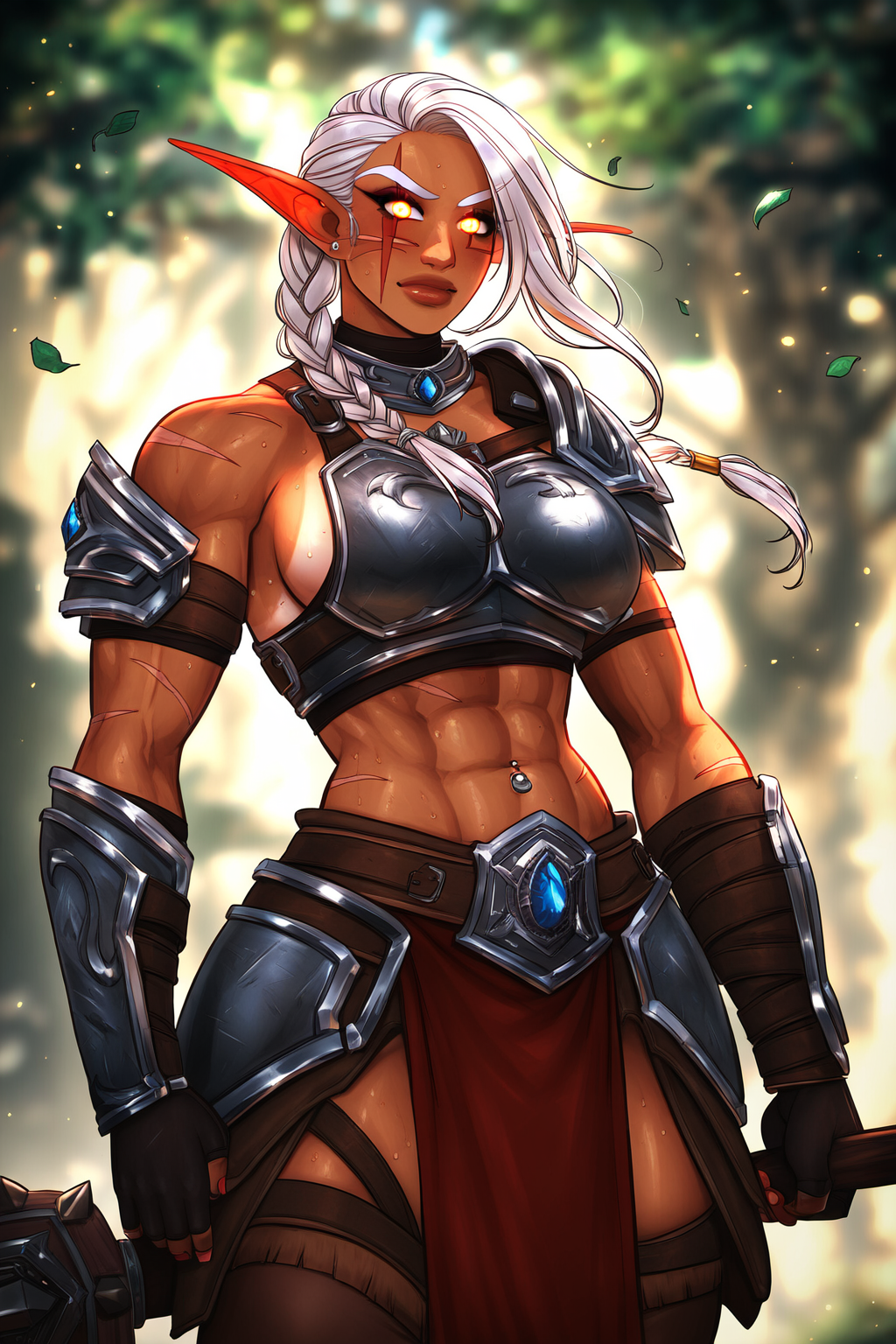 abs ai_generated aralyva armor cleavage elf female female_only muscular_female pelvic_curtain revealing_clothes scar scars sideboob standing sweat veins warcraft white_hair world_of_warcraft yellow_eyes