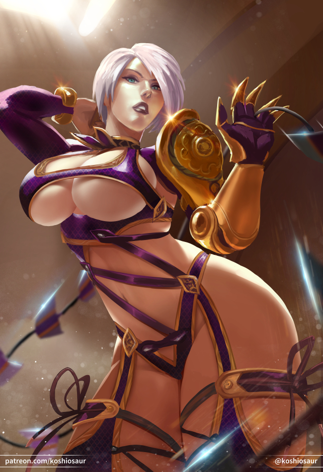 big_breasts bimbo breasts cleavage female female_only isabella_valentine koshio large_breasts looking_at_viewer solo soul_calibur underboob whip_sword