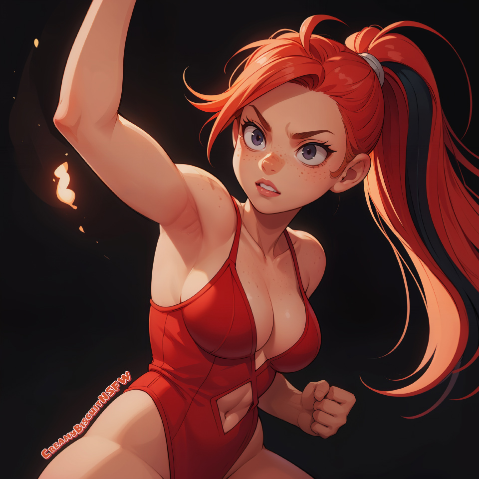 ai_assisted ai_generated arm_up armpits bare_shoulders black_background body_freckles breasts cleavage clenched_hand clothing_cutout creamybiscuit fire freckles highleg leotard lips long_hair navel navel_cutout orange_hair ponytail red_hair red_leotard