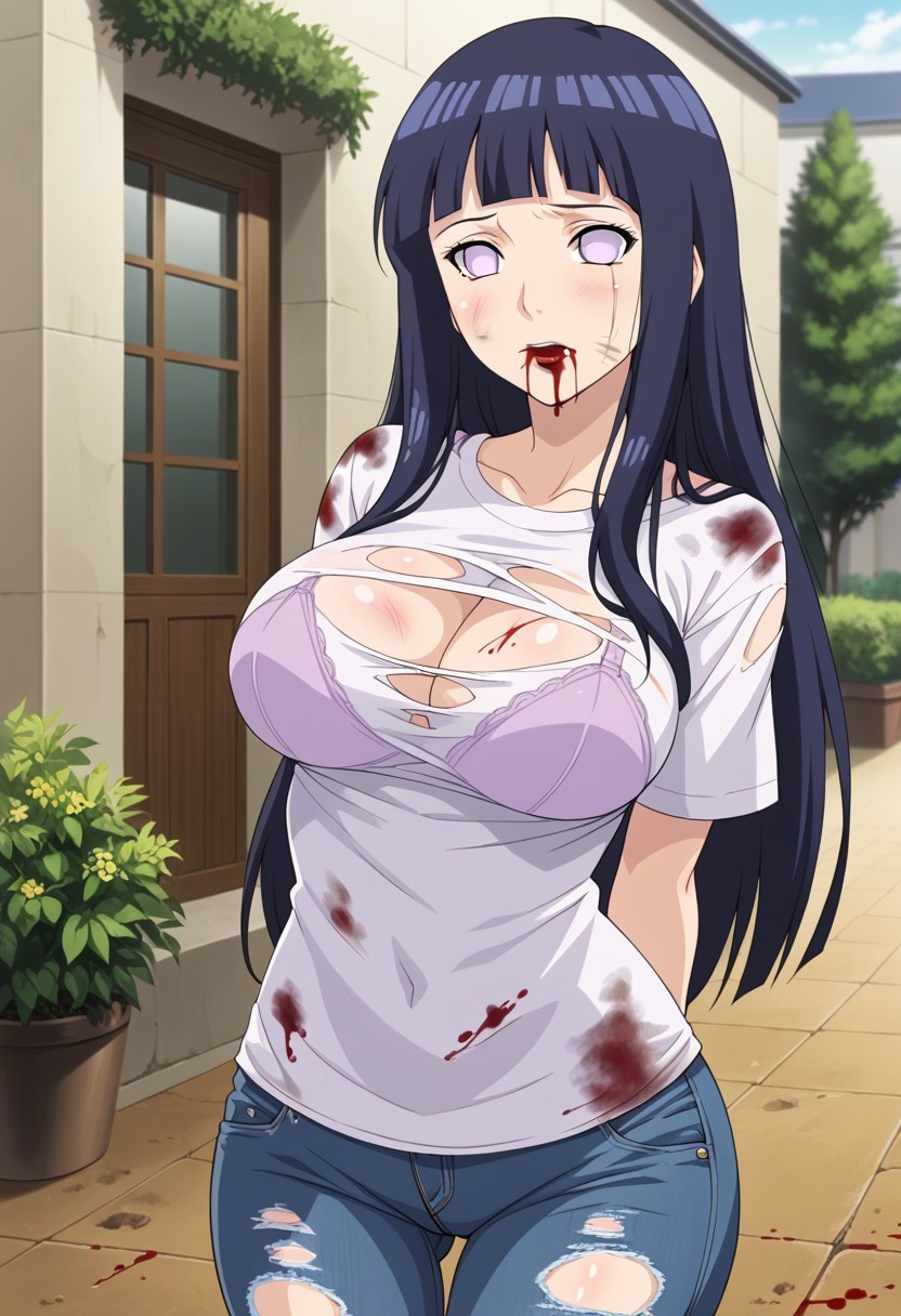 ai_generated arms_behind_back big_breasts black_hair blood blood_in_mouth blood_on_body blood_on_breasts blood_on_face bra civitai damaged_clothes dirt dirty hyuuga_hinata jeans large_breasts long_hair naruto naruto_(series) naruto_shippuden no_pupils ripped_clothing ripped_shirt scratches white_shirt