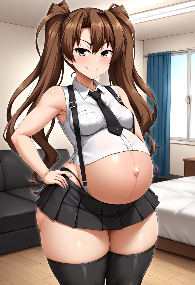 1girls ahoge ai_generated bare_shoulders black_legwear black_skirt blush breasts brown_eyes brown_hair crop_top female female_only hand_on_hip incest_pregnancy indoors long_hair looking_at_viewer microskirt midriff miniskirt navel necktie original panties pleated_skirt pregnant self_upload shirt skindentation skirt sleeveless small_breasts smile smug solo suspenders thick_thighs thighhighs thighs twintails underwear white_shirt wide_hips window yoshi_tama_(style)