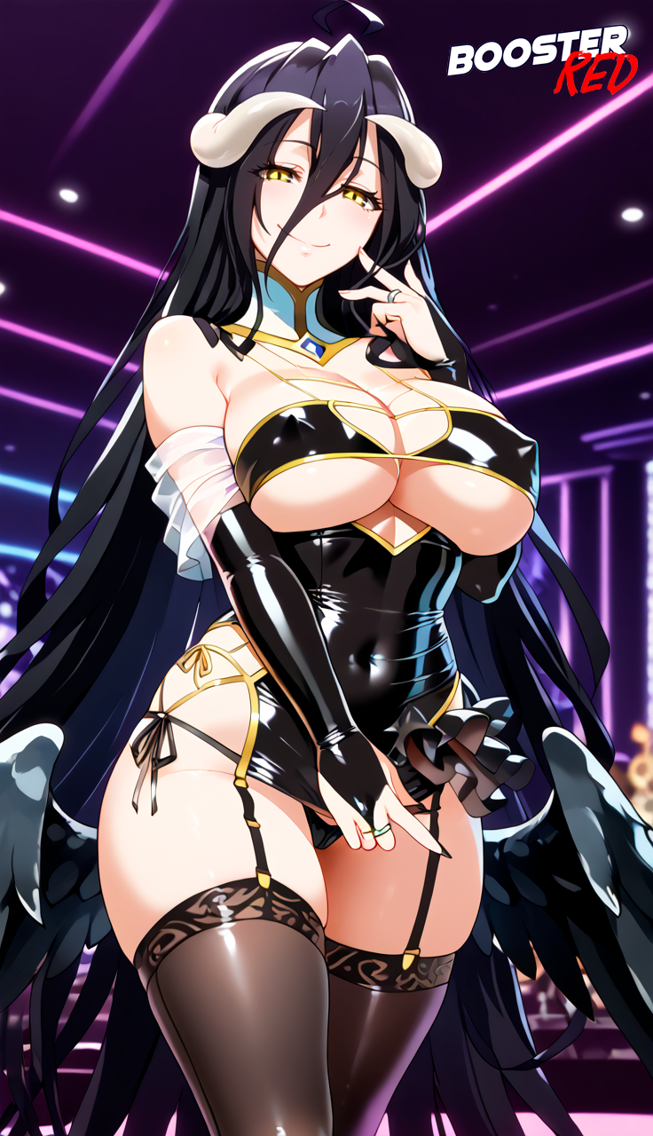 1girls adjusting_panties ai_generated albedo_(overlord) bare_shoulder black_hair bodycon boosterred99 bridal_gauntlets cameltoe cleavage clothing_cutout covered_navel covered_nipples cutout dress female female_only horn horns large_breasts latex_panties long_hair overlord_(maruyama) post-timeskip ring seductive_smile shiny_clothes side-tie_panties side_locks sideboob skirt solo stockings succubus underboob wavy_hair white_hair yellow_eyes