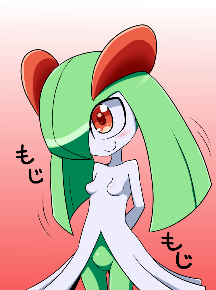 barely_visible_genitalia blush breasts featureless_breasts female green_hair hair hair_over_eye kirlia neichii nintendo pokémon_(species) pokemon pokemon_(species) pussy red_background red_eyes simple_background small_breasts smile solo standing subtle_pussy text translation_request uncensored video_games