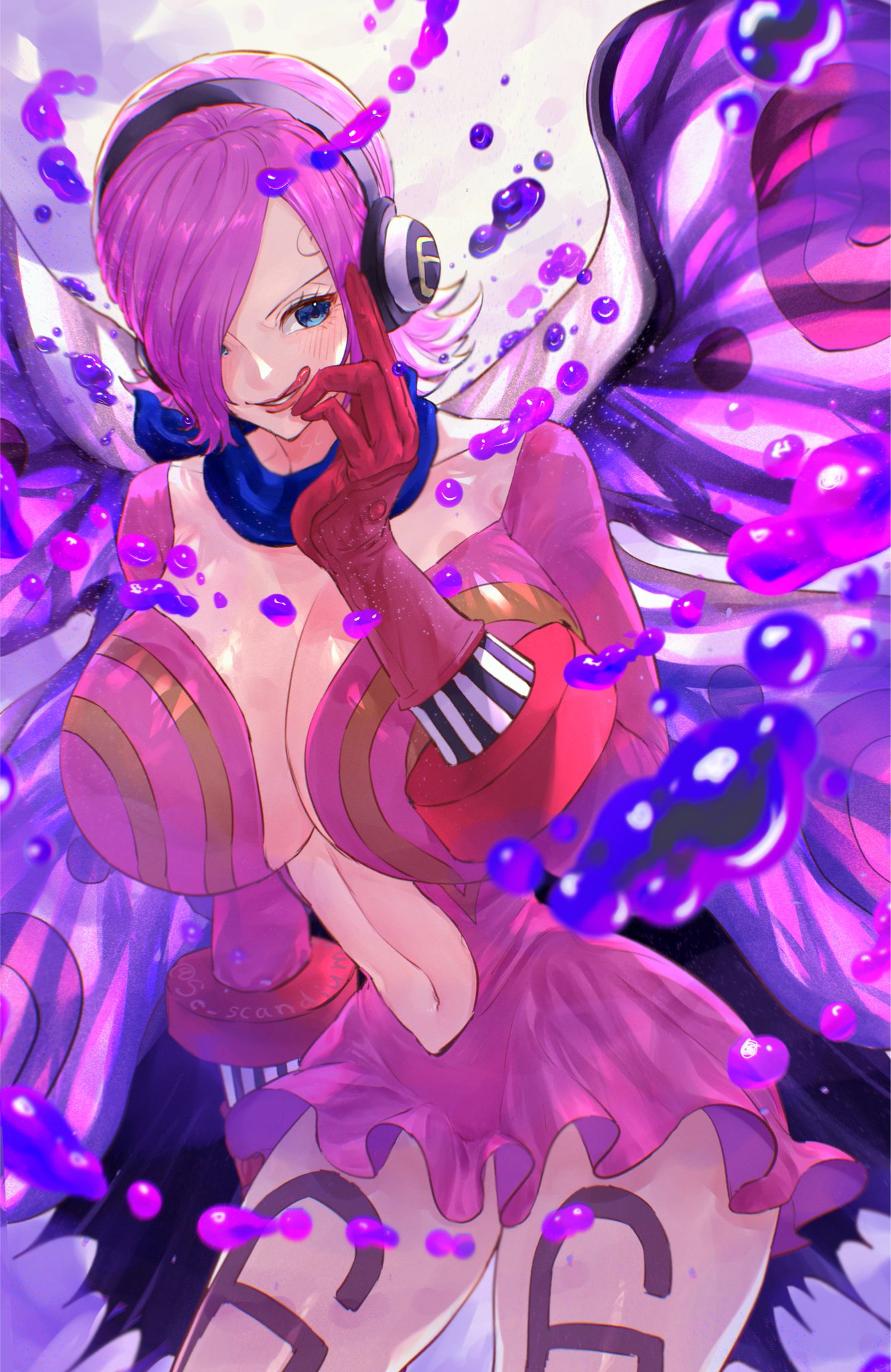1girls, bare legs, bare thighs, black tattoo, blue eyes, blush, clothed, clothing, color, female, female focus, female only, hi res, leg tattoo, licking, licking lips, light skin, light-skinned female, looking at viewer, number tattoo, one piece, pink hair, pink-haired female, sc scandium, short hair, shounen jump, solo, solo female, tagme, tattoo, tattoos, thick thighs, vinsmoke reiju