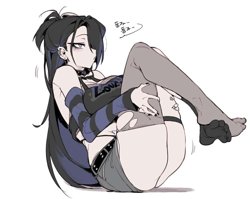 1girls big_breasts choker clothed clothing crop_top dark_hair doppel earrings emo eyelashes feet female goth hair_over_one_eye leggings long_hair one_eye_obstructed pale_skin ripped_clothing short_shorts shorts solo_female thighs white_background