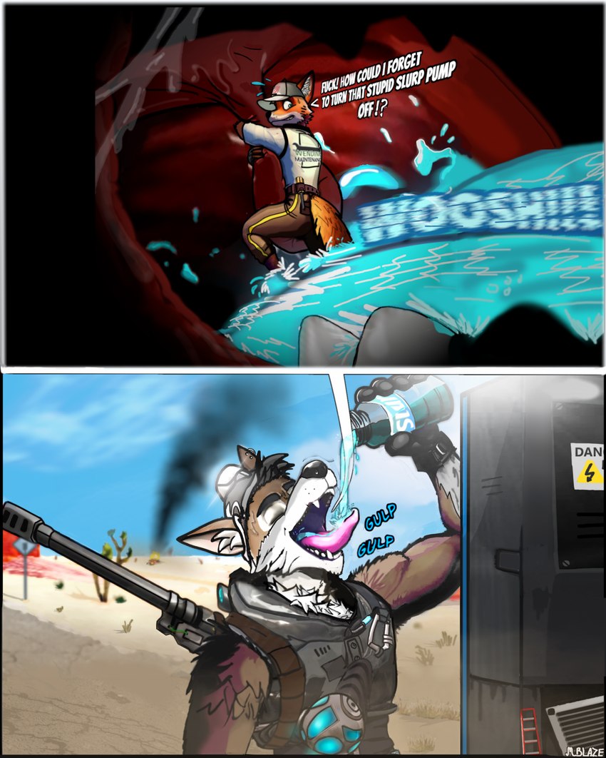 accidental anthro armed at_work baseball_cap canid canine canis clothing desert drinking duo fortnite fox gun_on_back hat headgear headwear hi_res macro male male/male mammal mblaze micro open_mouth oral_vore panel_overlap profanity swallowing text thirsty unaware unaware_pred uvula vending_machine vore wendell_(fortnite) wolf worksuit