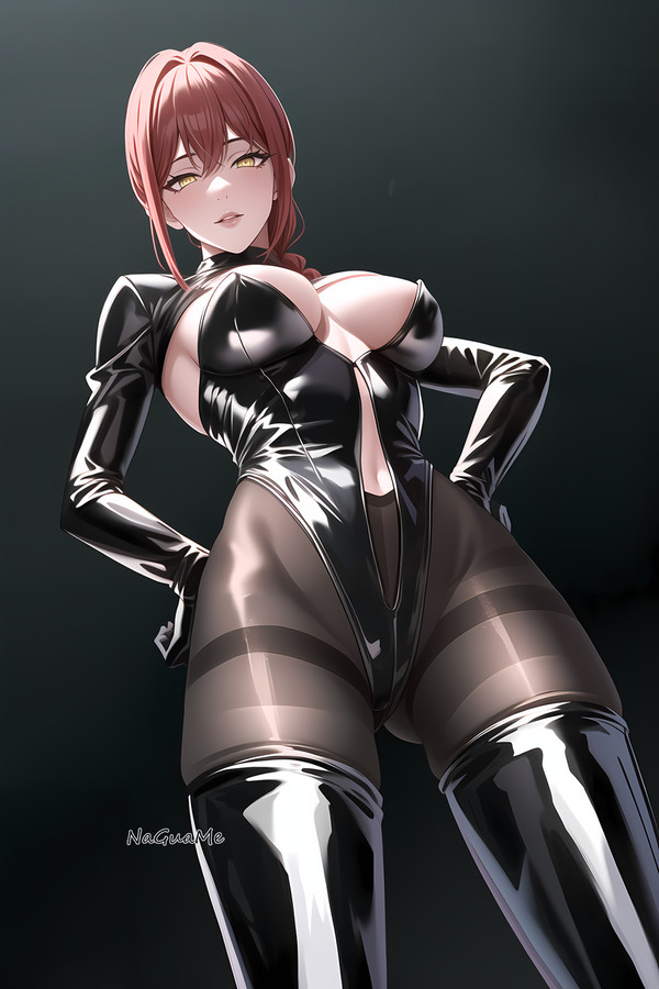 ai_generated big_breasts chainsaw_man cleavage dominant_female dominatrix dominatrix_outfit dommy_mommy femdom from_below knee_boots kneehighs looking_down_at_viewer makima_(chainsaw_man) mommy red_eyes seductive seductive_look smirk smug smug_face yellow_eyes