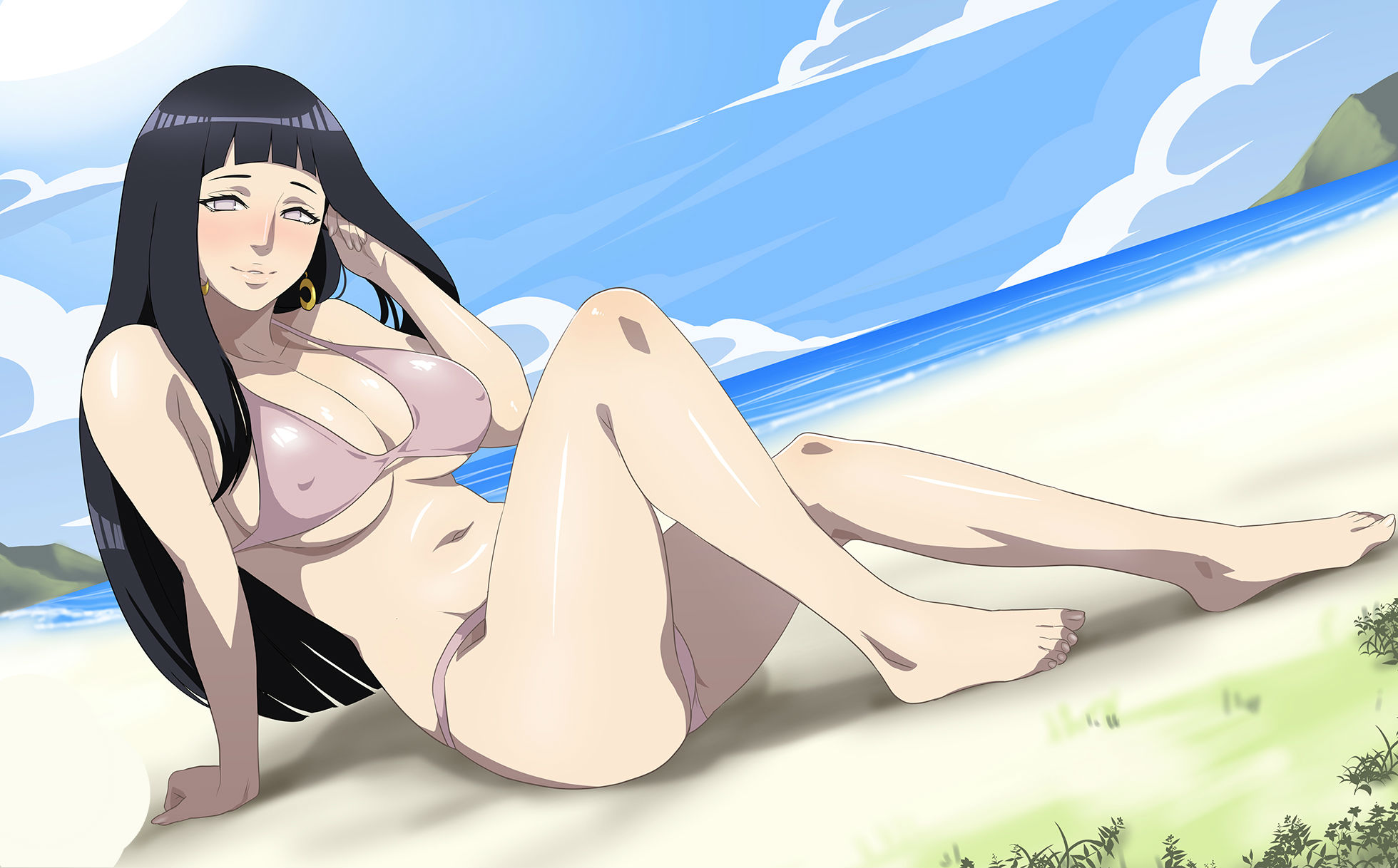 1girls, aged up, bare shoulders, barefoot, beach, big breasts, bikini, bikini bottom, bikini top, black hair, blush, breasts, busty, cleavage, curvy, cyberunique, day, detailed background, ear piercing, earrings, erect nipple, erect nipples, eyelashes, feet, female, female only, front view, grey eyes, half-closed eyes, hourglass figure, human, hyuuga hinata, light skin, light-skinned female, looking at viewer, midriff, naruto, naruto (series), naruto: the last, nipple bulge, nipples, older, outdoors, outside, piercing, pose, posing, sand, shadow, shiny, shiny skin, sitting, skimpy, solo, sun, swimsuit, underboob, voluptuous, water, wide hips