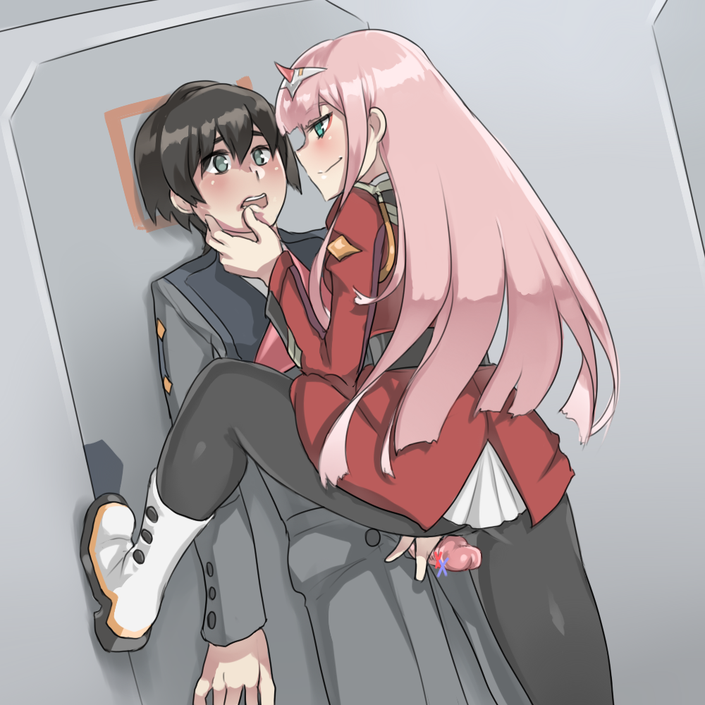 1boy aqua_eyes bangs black_hair black_legwear blush boots clothed_sex darling_in_the_franxx face_grab female femdom hair_between_eyes handjob hiro_(darling_in_the_franxx) horns long_hair maji-pan military military_uniform open_mouth outercourse penis pink_hair rimjob smile uniform wall_slam zero_two_(darling_in_the_franxx)