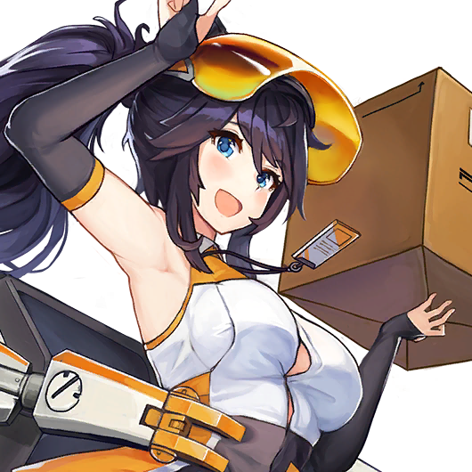 arm_up armpits bare_shoulders big_breasts black_elbow_gloves blue_eyes blue_hair blush color delivery delivery_employee delivery_girl delivery_uniform elbow_gloves express_76 eyebrows_visible_through_hair eyewear_on_head female female_focus female_only fingerless_elbow_gloves from_below game_cg hair_between_eyes id_card last_origin long_hair looking_at_viewer open_mouth package paintale ponytail sleeveless smile smiling smiling_at_viewer transparent_background upper_body viewed_from_below visor visor_(eyewear) visor_lift work_uniform