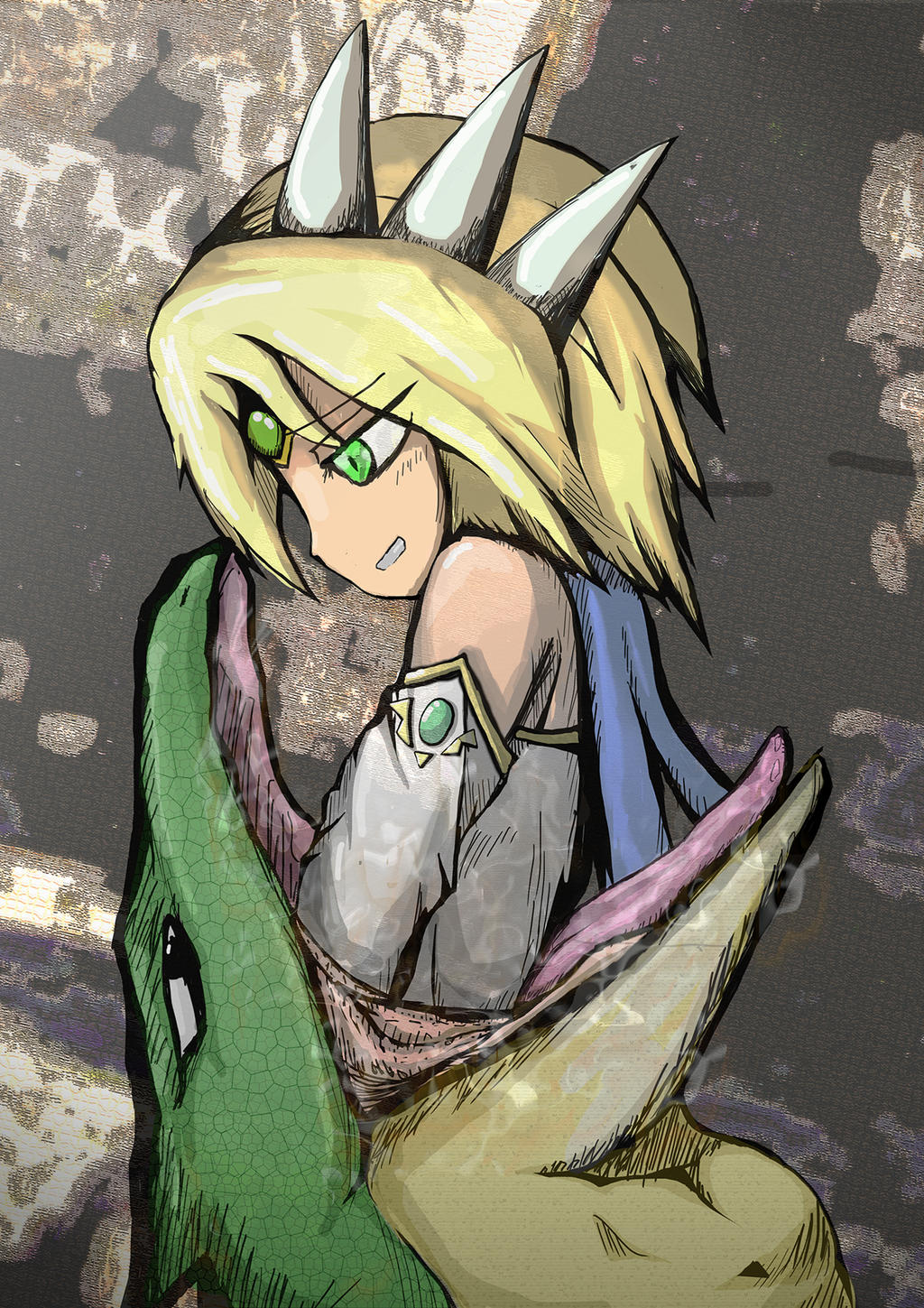 blonde_hair defeated echidna_wars_dx forehead_jewel green_eyes hair_ornament lizardman milia milia_wars mirea nervous oral_vore swallowing valkyrie vore zelk_vore zelknotos