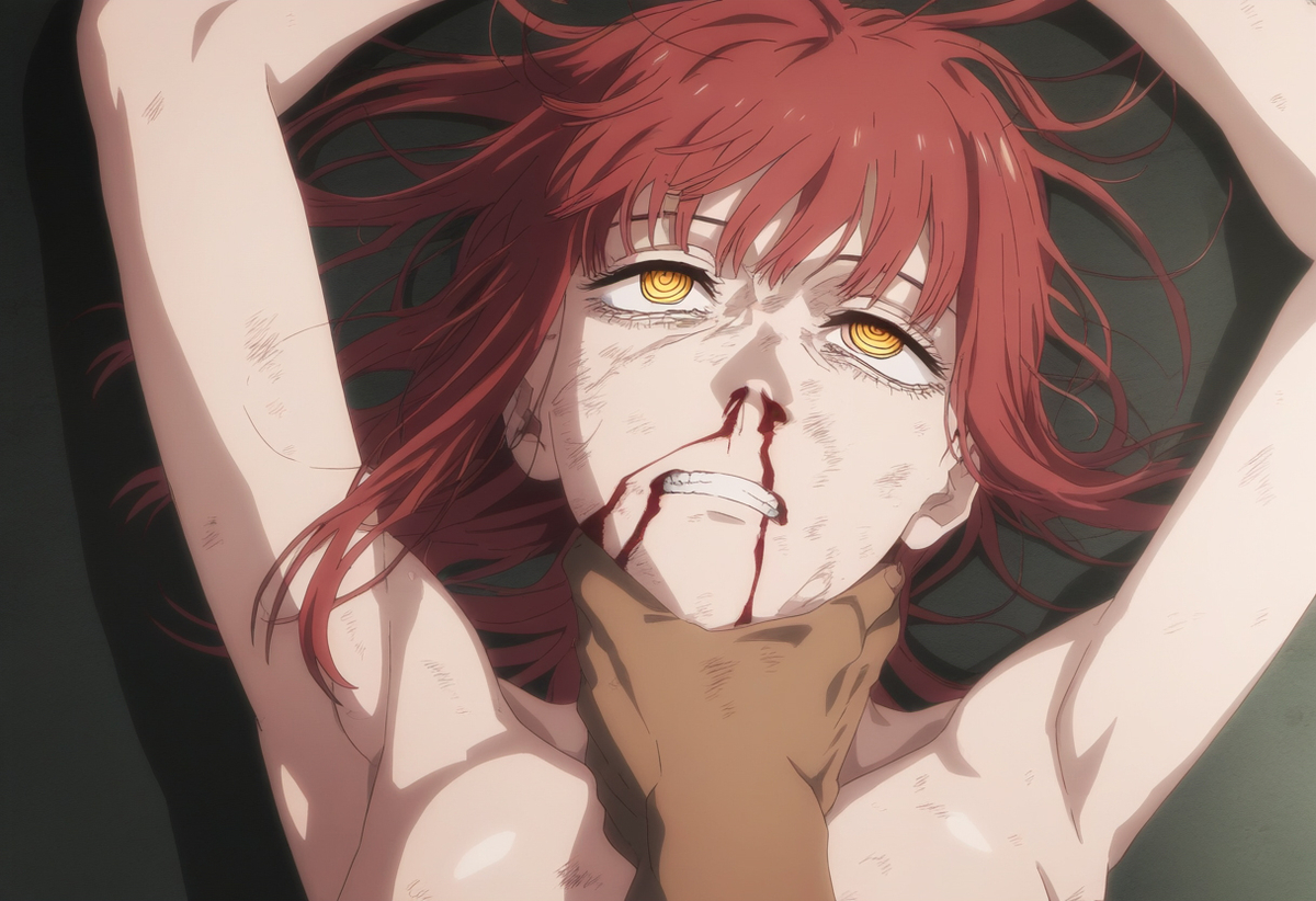 1boy, ai assisted, ai generated, awful, beaten, beaten bloody, beaten up, blood, chainsaw man, empty eyes, female, gore, makima (chainsaw man), male, nude, rough sex, strangling
