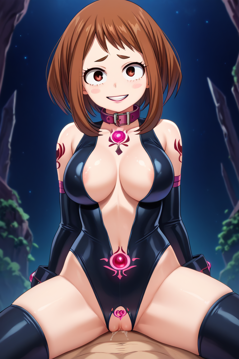 ai_generated bodysuit brown_hair corruption dark_magical_girl evil_smile my_hero_academia patreon uraraka_ochako