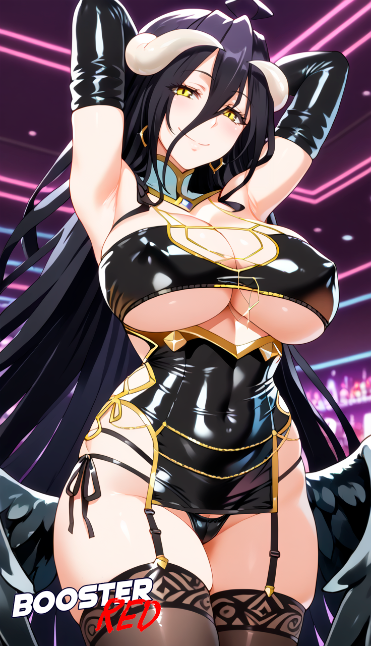 1girls adjusting_panties ai_generated albedo_(overlord) arms_above_head bare_shoulder black_hair bodycon boosterred99 bridal_gauntlets cameltoe cleavage clothing_cutout covered_navel covered_nipples cutout dress female female_only holding_breast horn horns large_breasts latex_panties leaning_forward long_hair overlord_(maruyama) post-timeskip ring seductive_smile shiny_clothes side-tie_panties side_locks sideboob skirt solo stockings succubus underboob wavy_hair white_hair yellow_eyes