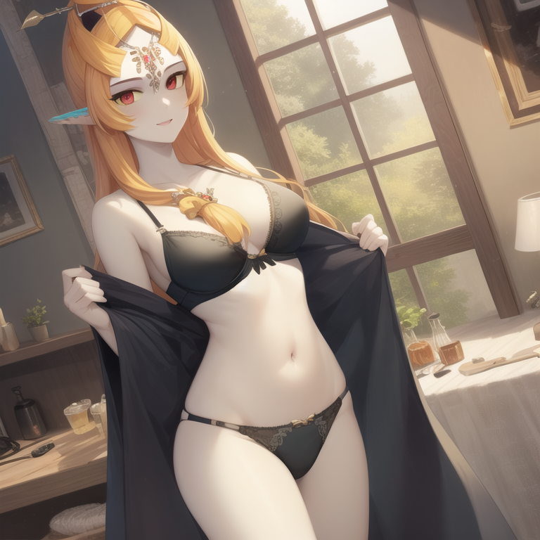 1girls ai_generated breasts cape clothing female female_only happy long_hair midna nintendo no_bra no_panties pussy ruptuorie small_breasts solo the_legend_of_zelda twili_midna twilight_princess