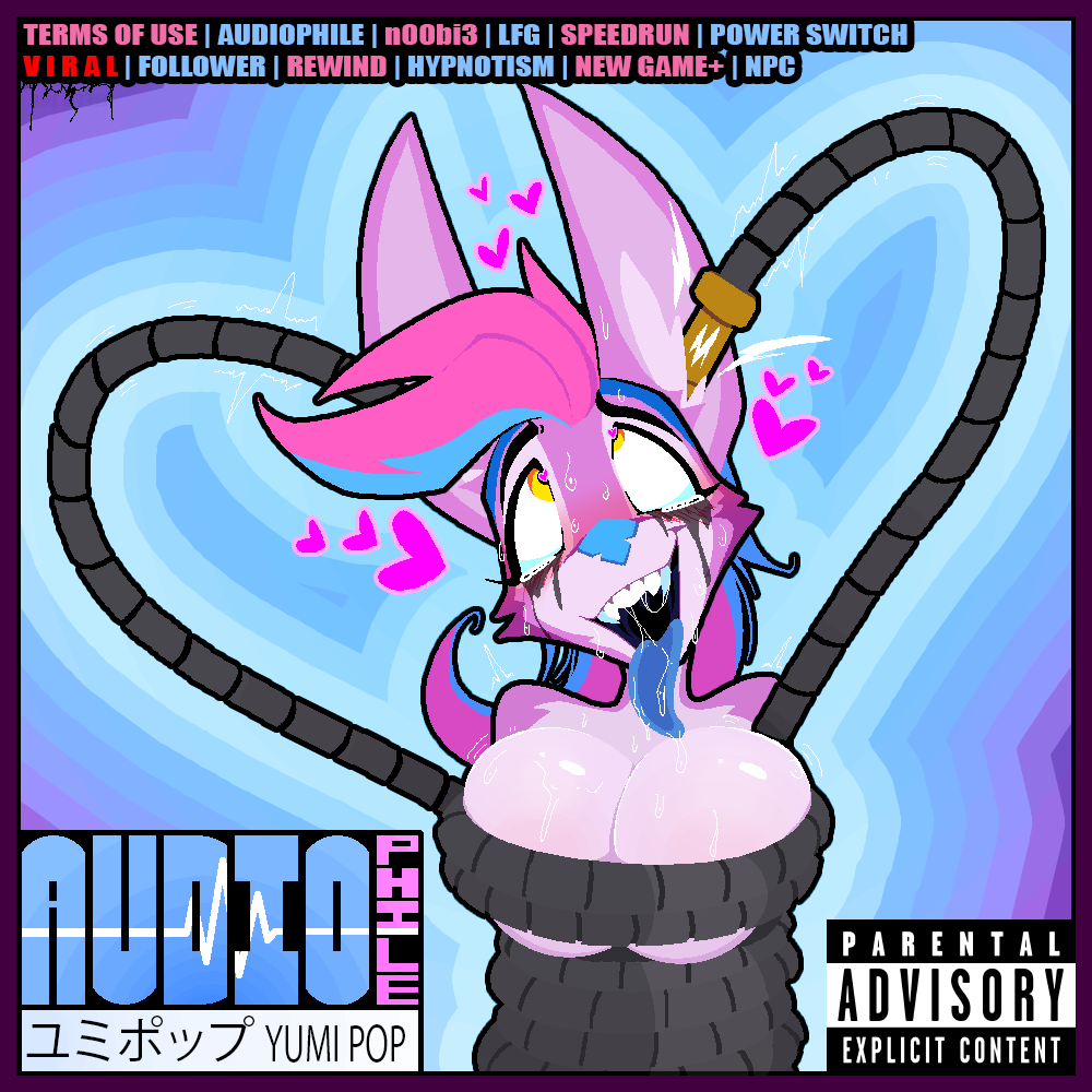 1:1 ahe_gao album_cover amber_eyes blue_hair blue_tongue bodily_fluids bondage bound breasts canid canine cleavage clothed clothing ear_penetration female fox fur hair heart_symbol jrvanesbroek looking_pleasured makeup mammal mascara mind_break parental_advisory parental_advisory_sticker penetration pink_body pink_fur pink_haie questionable_consent running_makeup running_mascara saliva tears tongue tongue_out yumi_pop_(jrvanesbroek) yumi_pop_(oc)