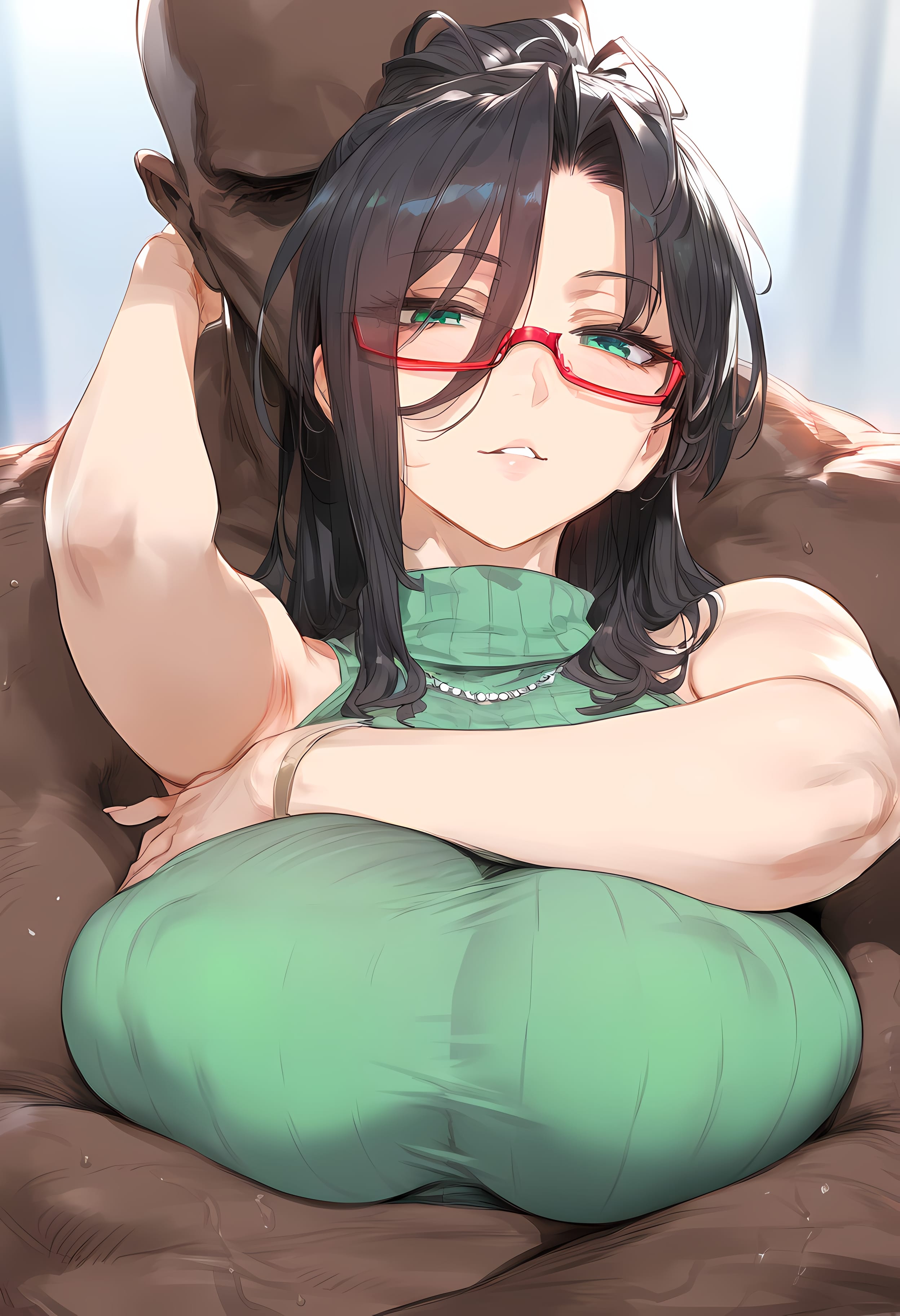 1boy, 1girls, age difference, ai generated, ai-created, armpits, bald, bangs, bare shoulders, between breasts, black hair, blush, breast press, breasts, clothed female, clothed female nude male, clothing, completely nude, curvaceous, curvaceous female, curvy female, dark skin, dark-skinned male, diary, eyewear, faceless, faceless male, female, female focus, glasses, green eyes, green sweater, hasegawa chisato, high resolution, huge breasts, indoors, interracial, jewelry, large breasts, long hair, looking at viewer, male, male focus, mature, mature female, milf, mole, mole under eye, mommy, nakatori, necklace, nipples, nude, nude male, parted bangs, parted lips, red-framed eyewear, ribbed sweater, semi-rimless eyewear, shinmai maou no testament, sleeveless, sleeveless turtleneck, smile, straight, sweater, teacher, teacher female, turtleneck, turtleneck sweater, very high resolution, voluptuous
