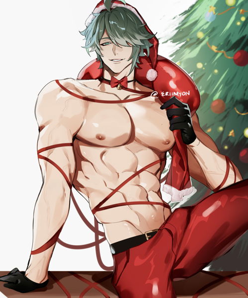 alhaitham_(genshin_impact) christmas christmas_outfit christmas_tree genshin_impact male_only rope ropes solo_male tagme