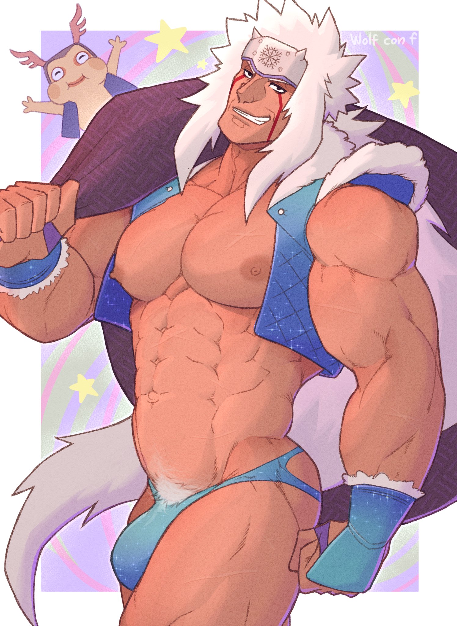 1boy, abs, areolae, artist name, bara, beefy, black eyes, brown nipples, bulge, crop top, cropped jacket, dilf, facepaint, fingerless gloves, flaccid, forehead protector, frog, gamatatsu, gloves, grin, hi res, high resolution, highres, humanoid, jacket, jiraiya, jockstrap, large areolae, light skin, light-skinned male, long hair, long-haired male, male, male nipples, male only, male pubic hair, male thong, masculine, mature, mature male, muscles, muscular, muscular male, muscular thighs, naruto, naruto (classic), naruto (series), naruto shippuden, nipples, no visible genitalia, pecs, penis, penis bulge, pinup, ponytail, pose, posing, pubes, pubic hair, shounen jump, smile, smiling, smirk, smooth skin, smooth skinned male, solo, spiky hair, standing, thick thighs, thighs, tied hair, very long hair, voluptuous, white hair, wolf con f, yaoi