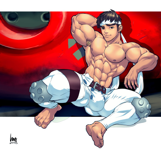 1boy abs armpit_hair bara bulge capcom cyberbots headband human jin_saotome luxuris male male_only muscle muscular pants partially_clothed pecs shirtless simple_background solo viewed_from_below